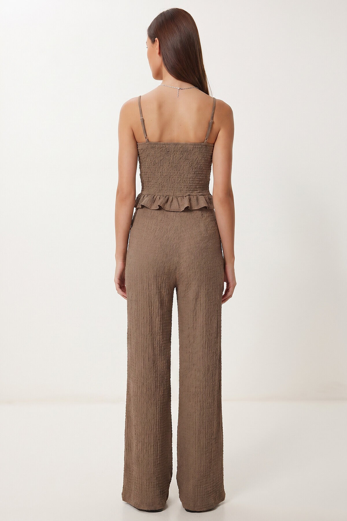 Volanlı Bluz Pantolon Krinkıl Takım VİZON LFW0025