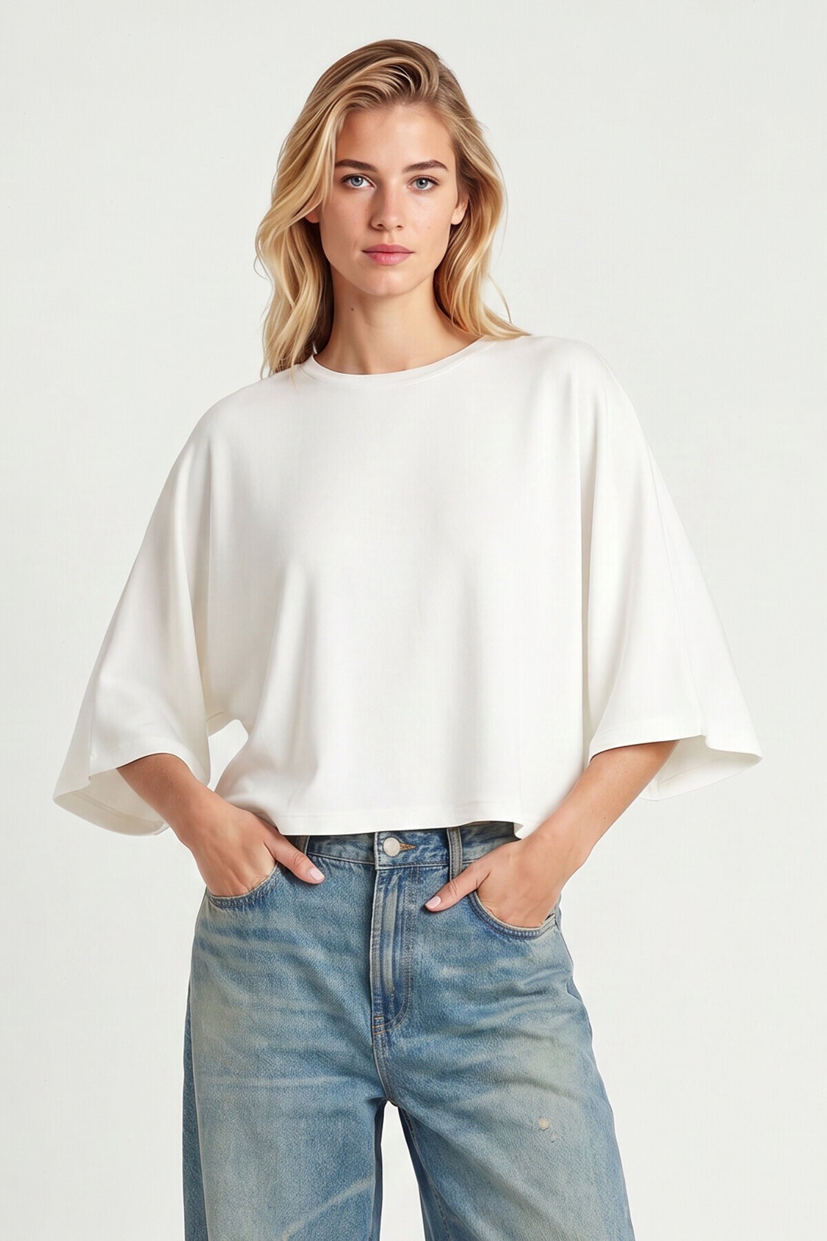 Yarasa Kollu Basic Örme Bluz EKRU LUB0369