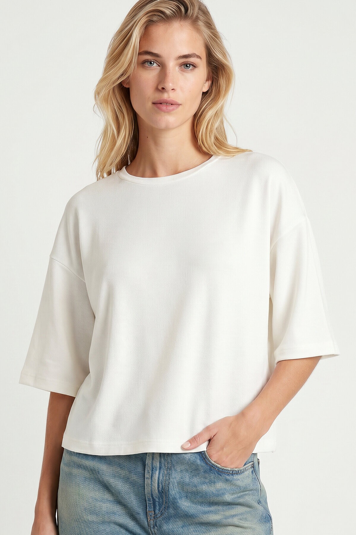 Yarasa Kollu Basic Örme Bluz EKRU LUB0369