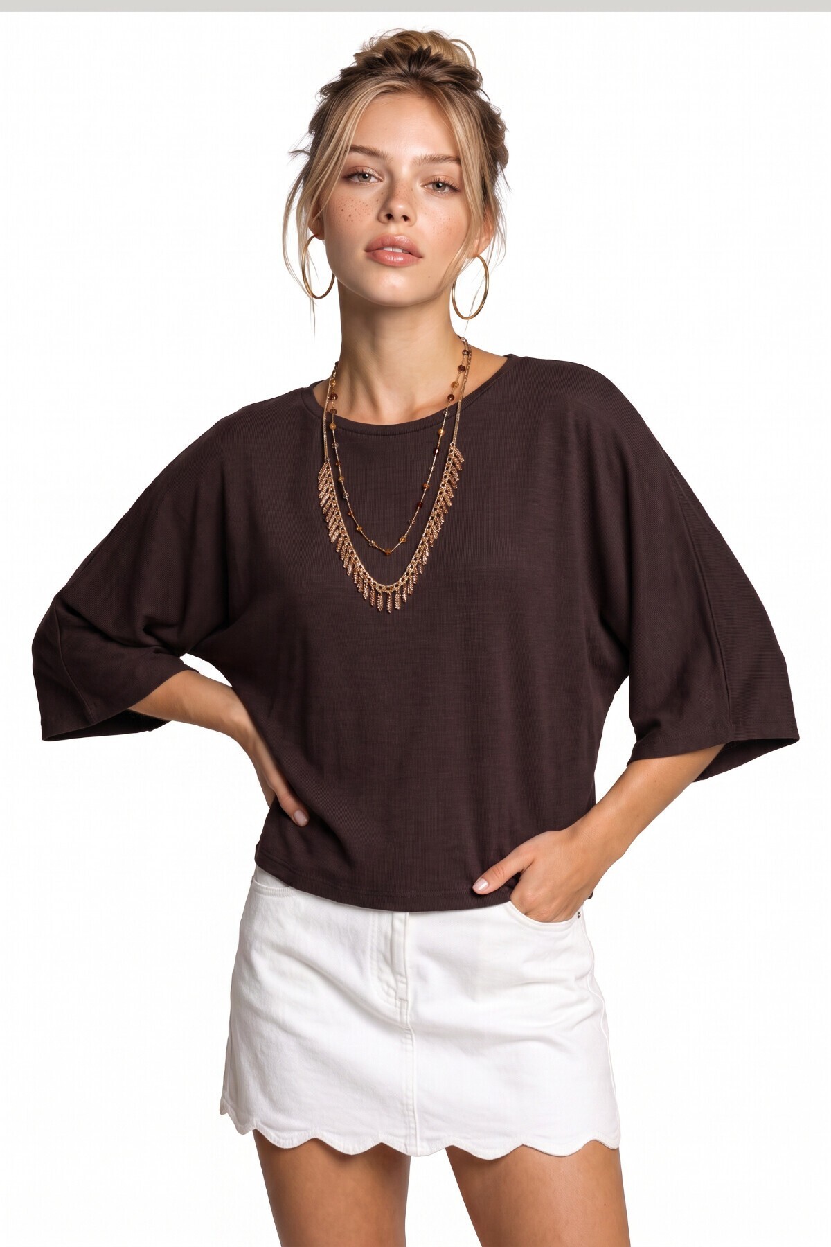 Yarasa Kollu Basic Örme Bluz KAHVERENGİ LUB0369