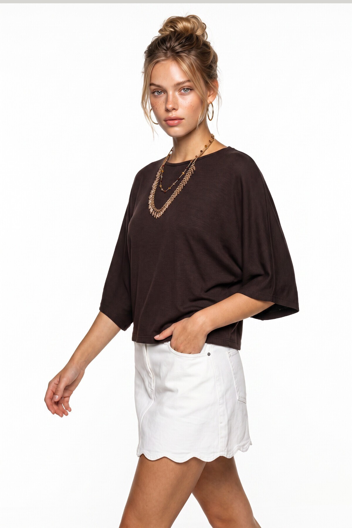 Yarasa Kollu Basic Örme Bluz KAHVERENGİ LUB0369