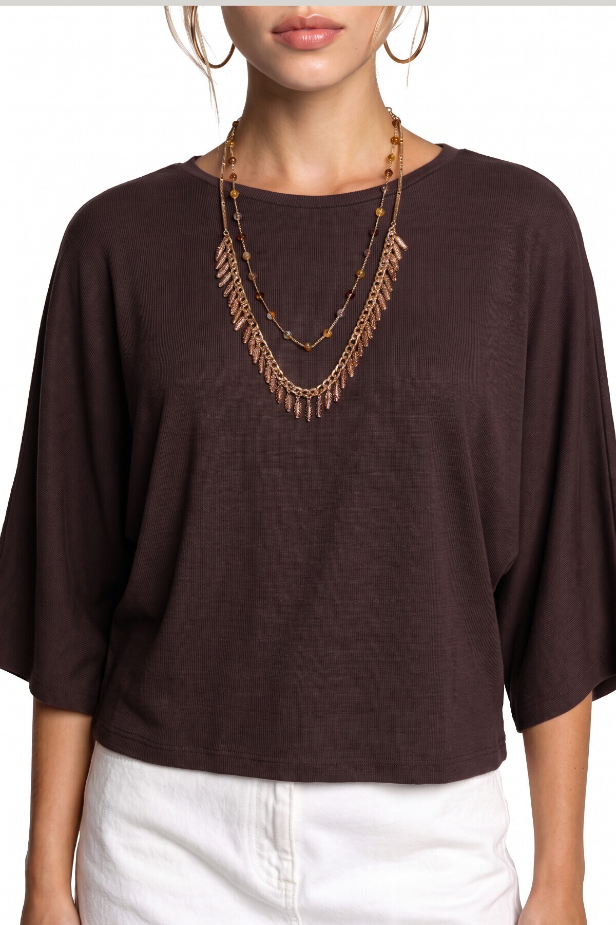 Yarasa Kollu Basic Örme Bluz KAHVERENGİ LUB0369