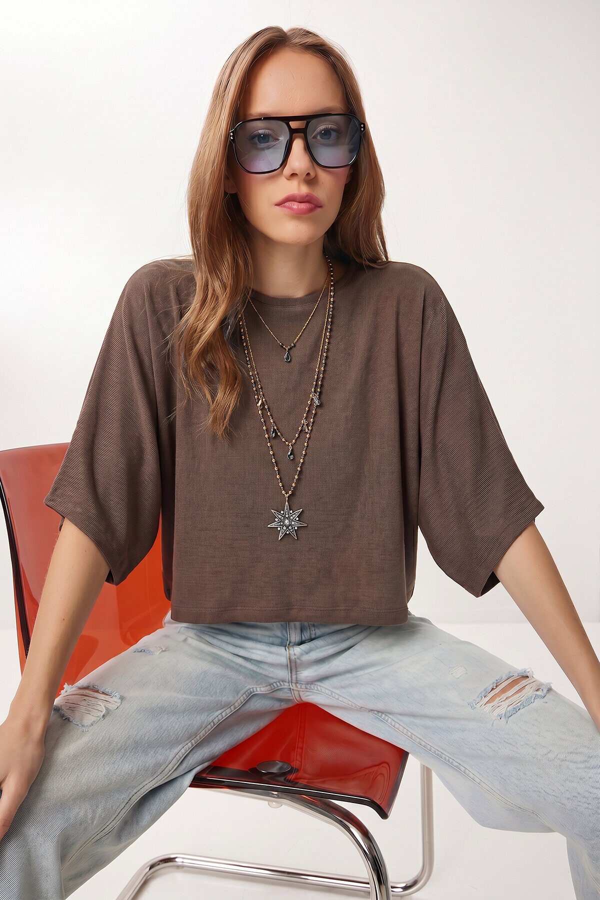 Yarasa Kollu Basic Örme Bluz VİZON LUB0369