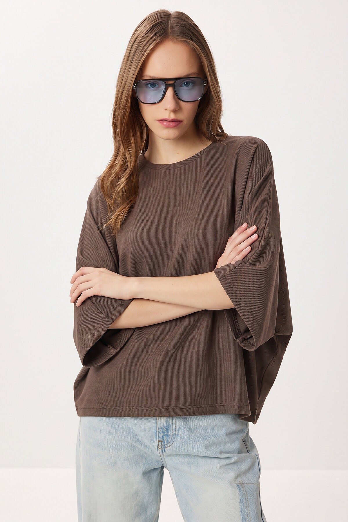 Yarasa Kollu Basic Örme Bluz VİZON LUB0369