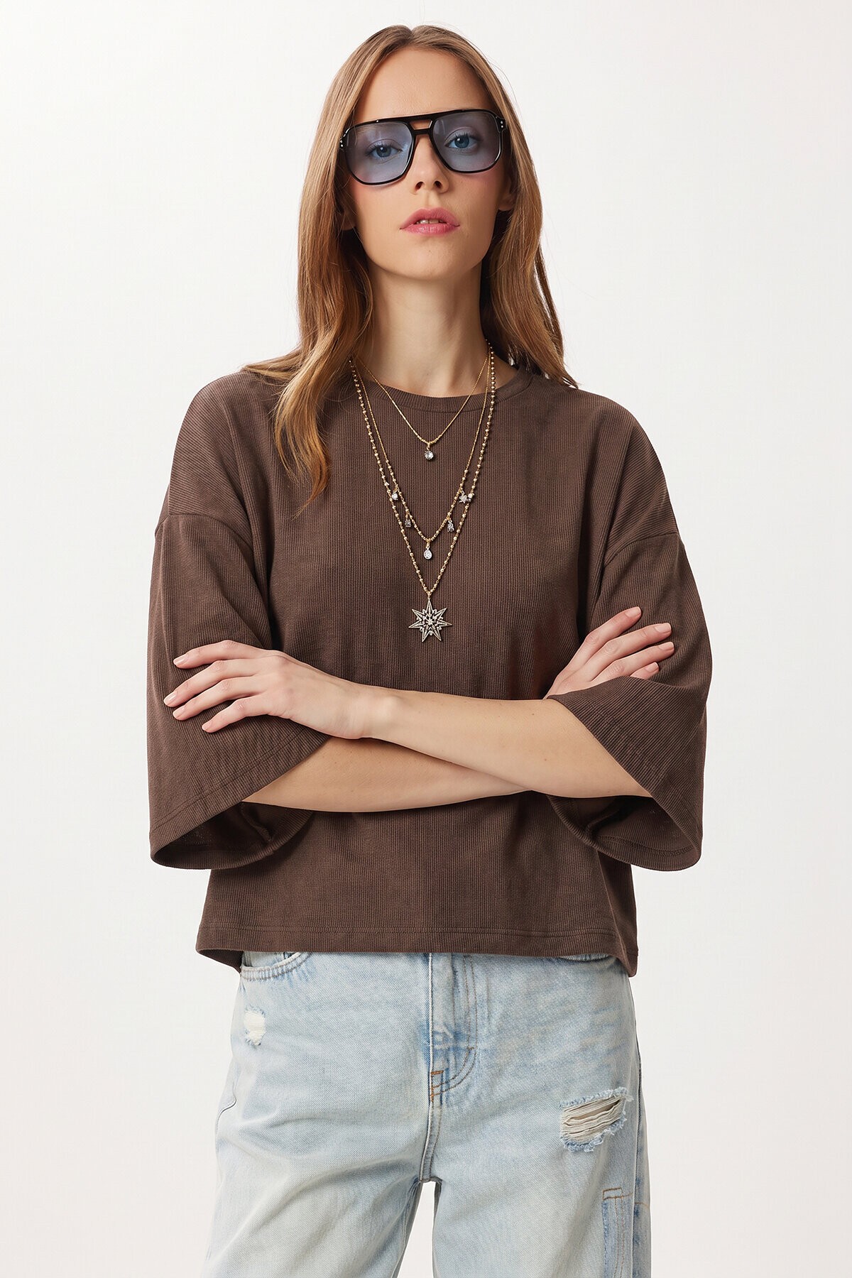 Yarasa Kollu Basic Örme Bluz VİZON LUB0369