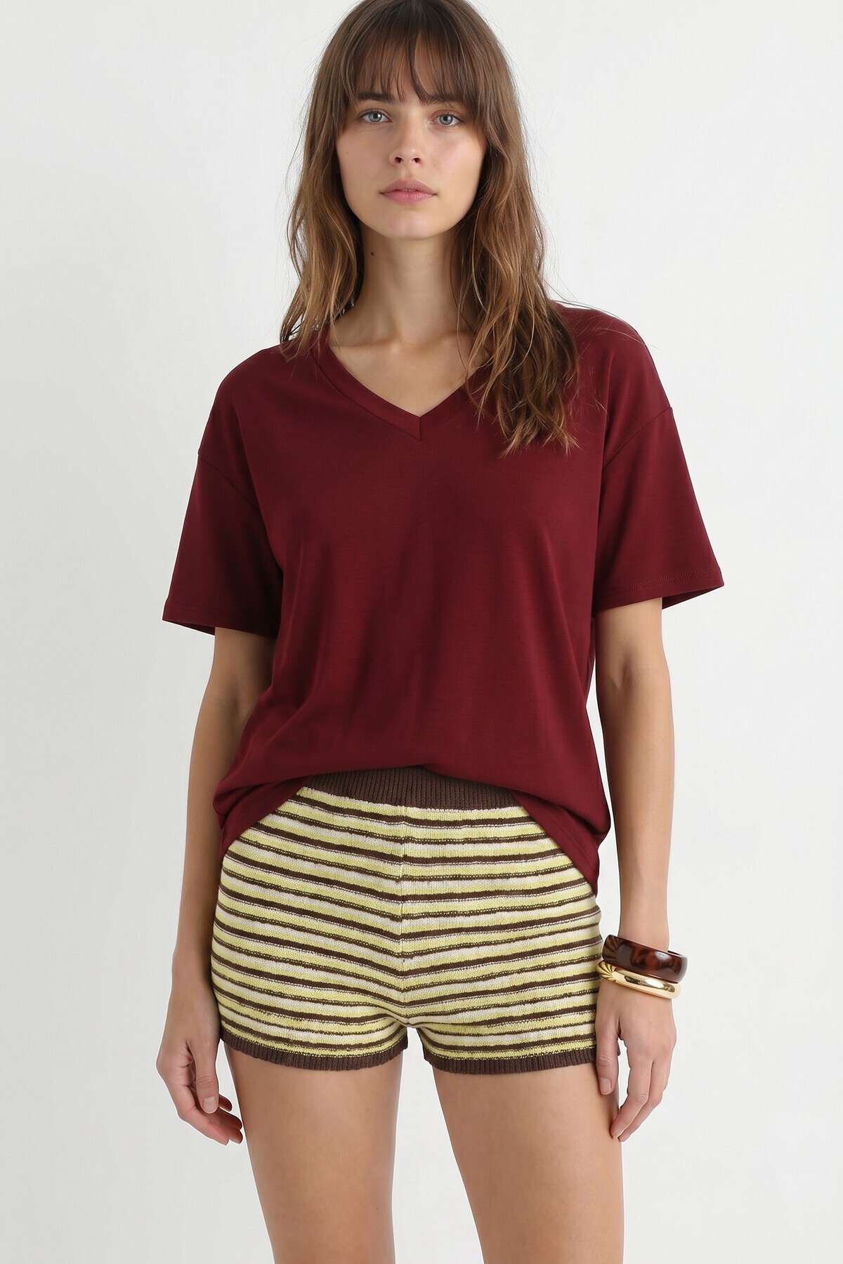 2’li Paket V Yaka Oversize Örme T-shirt LACİVERT BORDO LZV0085