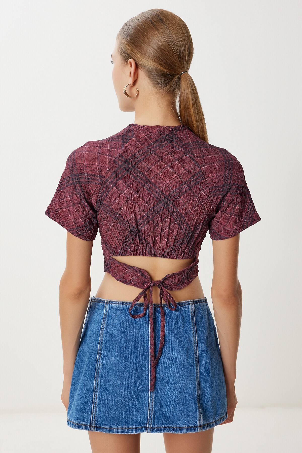 3’lü Paket Desenli Crop Krinkıl Bluz BORDO GÖK MAVİ LACİVERT LAN0088