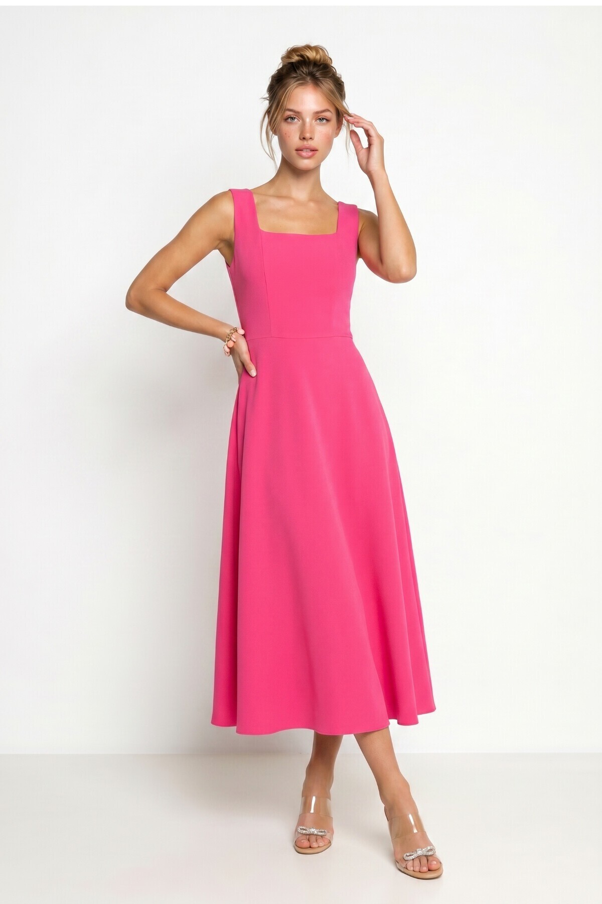A Kesim Midi Dokuma Elbise PEMBE LNT0042