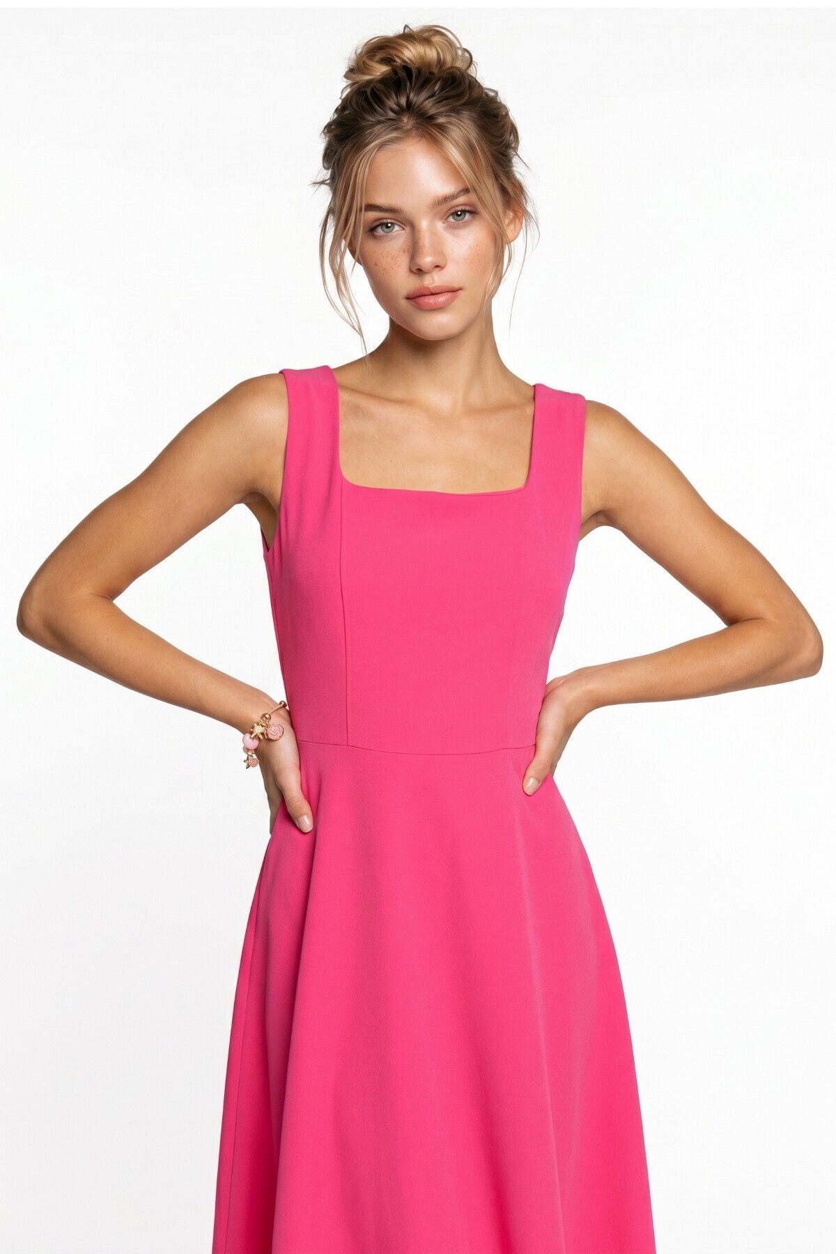 A Kesim Midi Dokuma Elbise PEMBE LNT0042