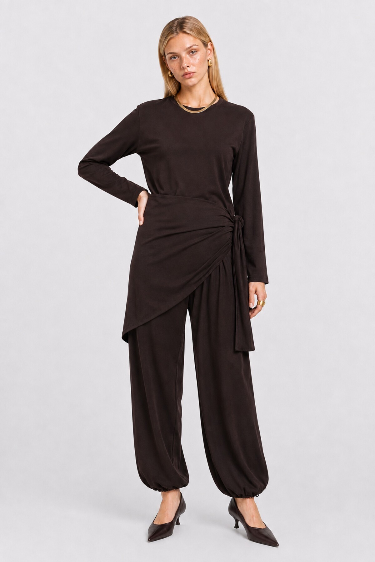 Beli Şallı Modal Bluz Pantolon Takım ACI KAHVE LBY0073