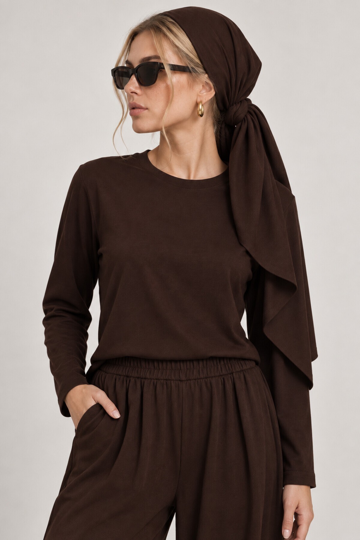 Beli Şallı Modal Bluz Pantolon Takım ACI KAHVE LBY0073