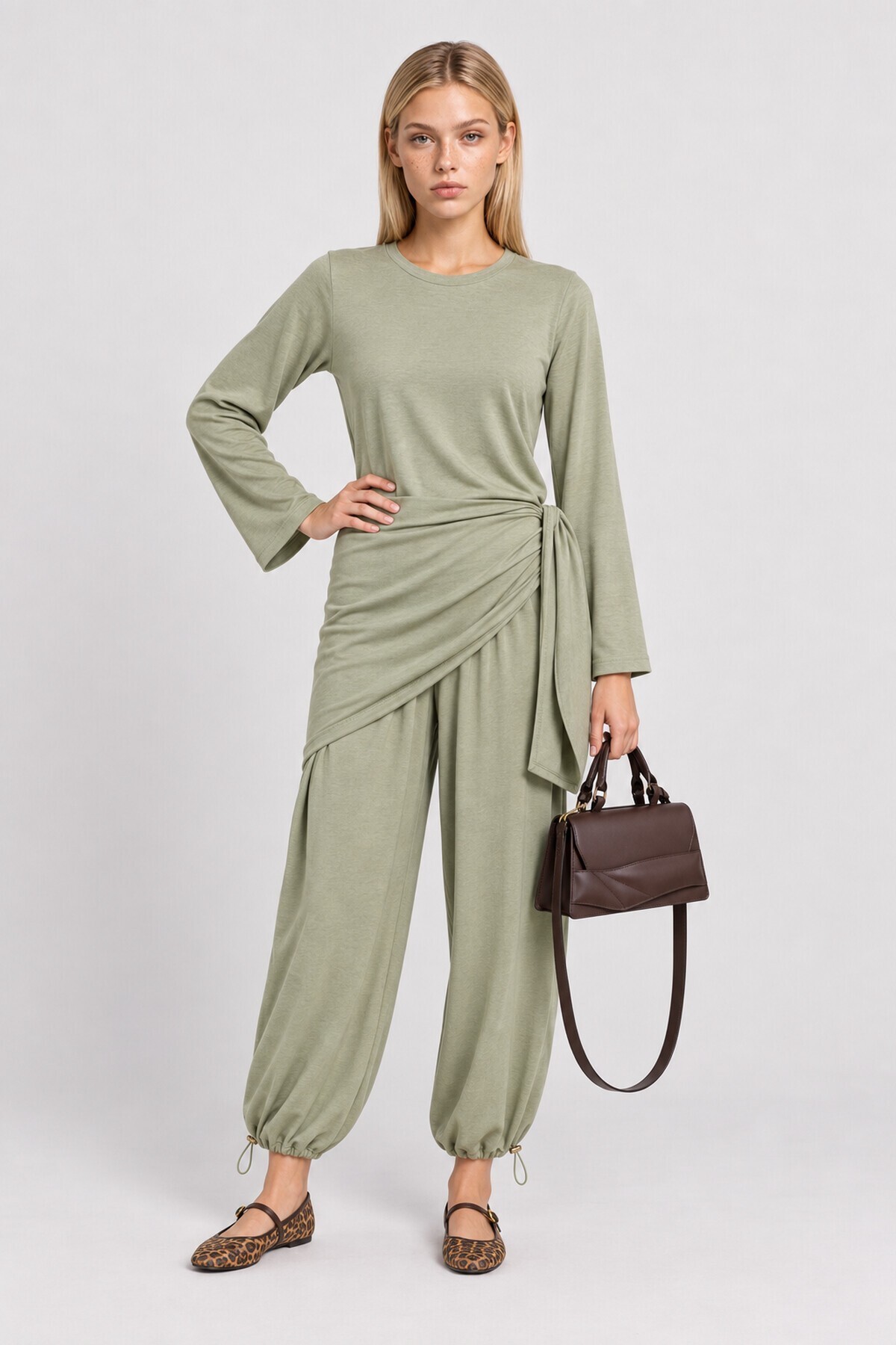 Beli Şallı Modal Bluz Pantolon Takım ÇAĞLA YEŞİLİ LBY0073