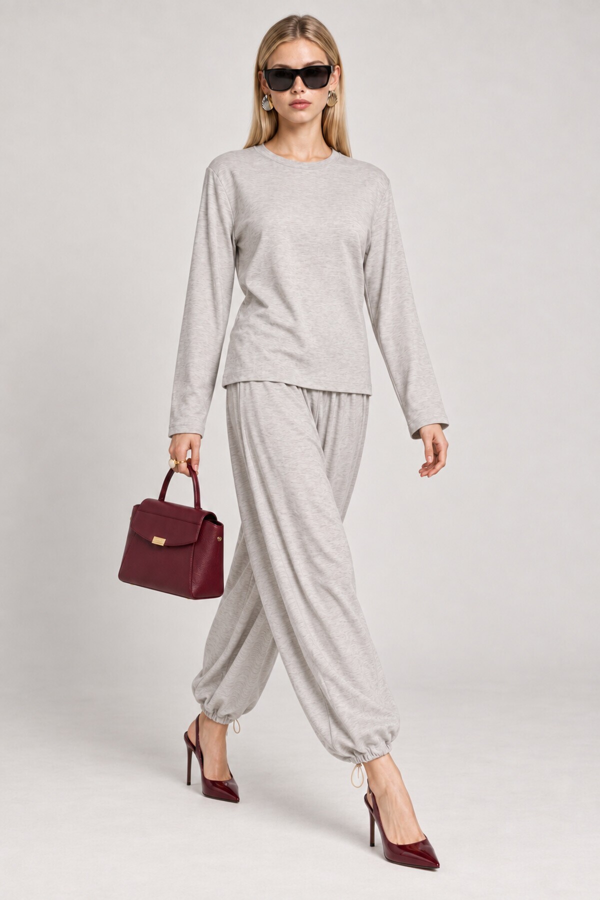 Beli Şallı Modal Bluz Pantolon Takım GRİ MELANJ LBY0073