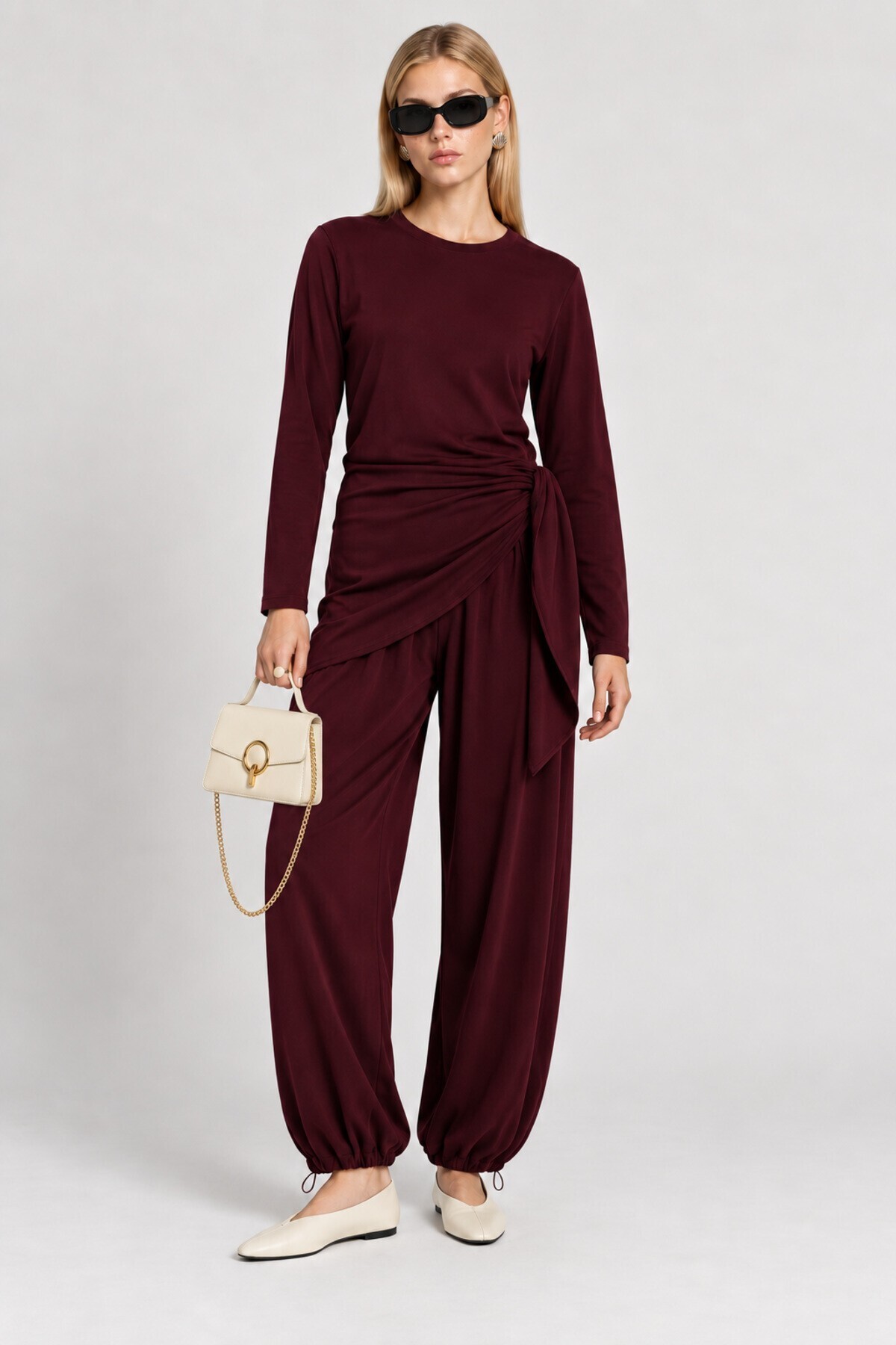 Beli Şallı Modal Bluz Pantolon Takım MÜRDÜM LBY0073