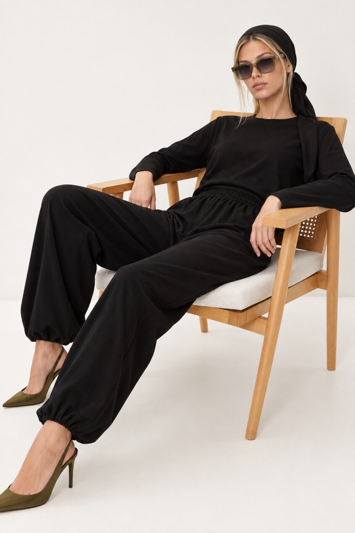 Beli Şallı Modal Bluz Pantolon Takım SİYAH LBY0073