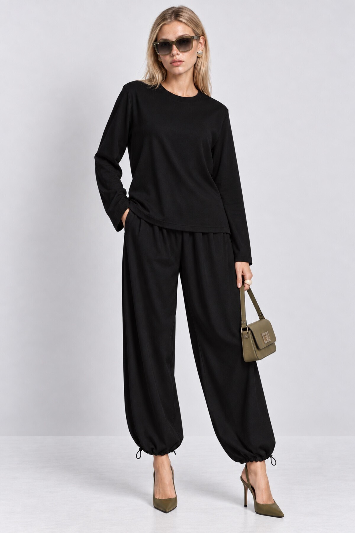 Beli Şallı Modal Bluz Pantolon Takım SİYAH LBY0073