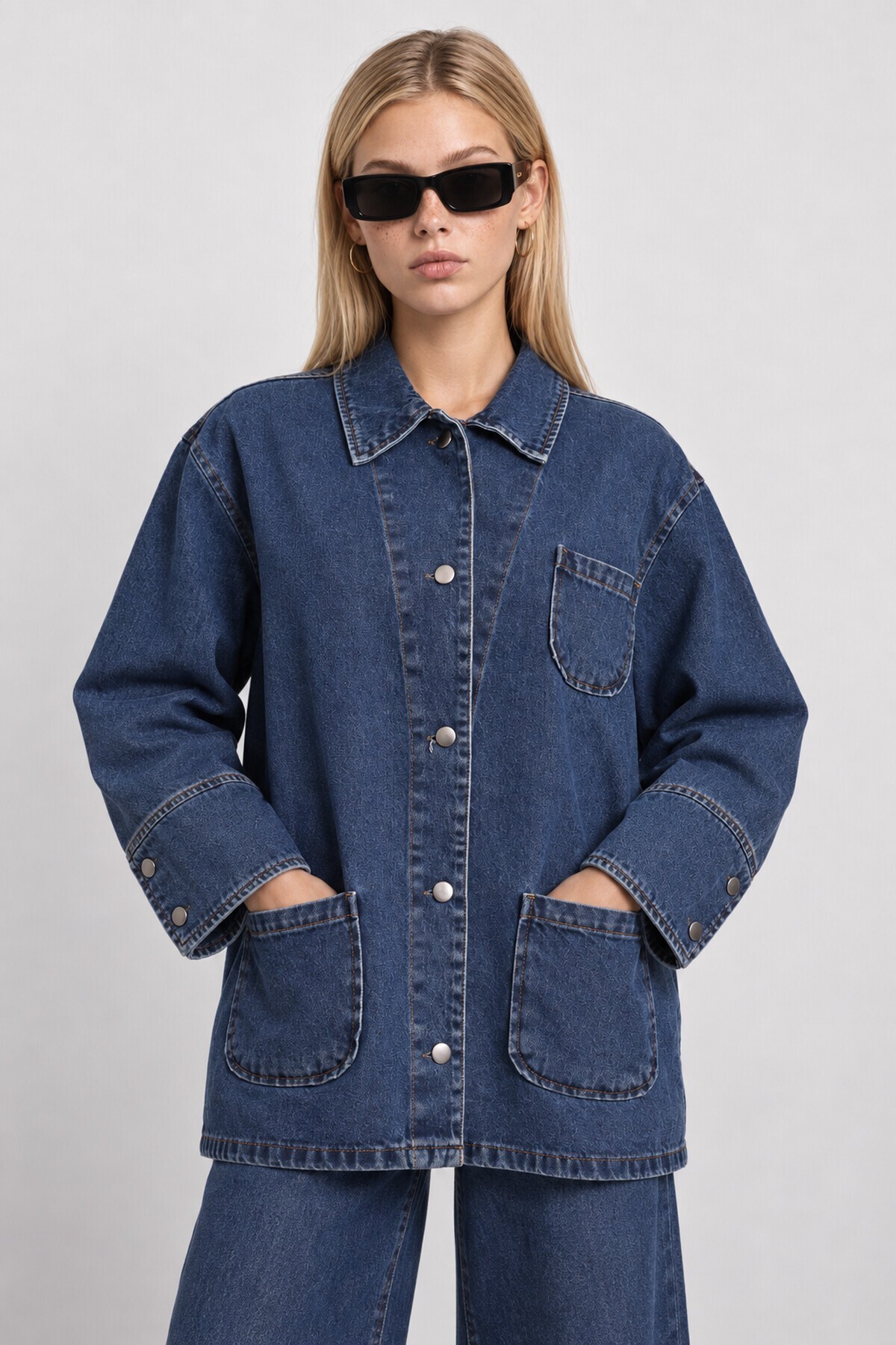 Cep Detaylı Oversize Denim Ceket KOYU MAVİ LBY0086