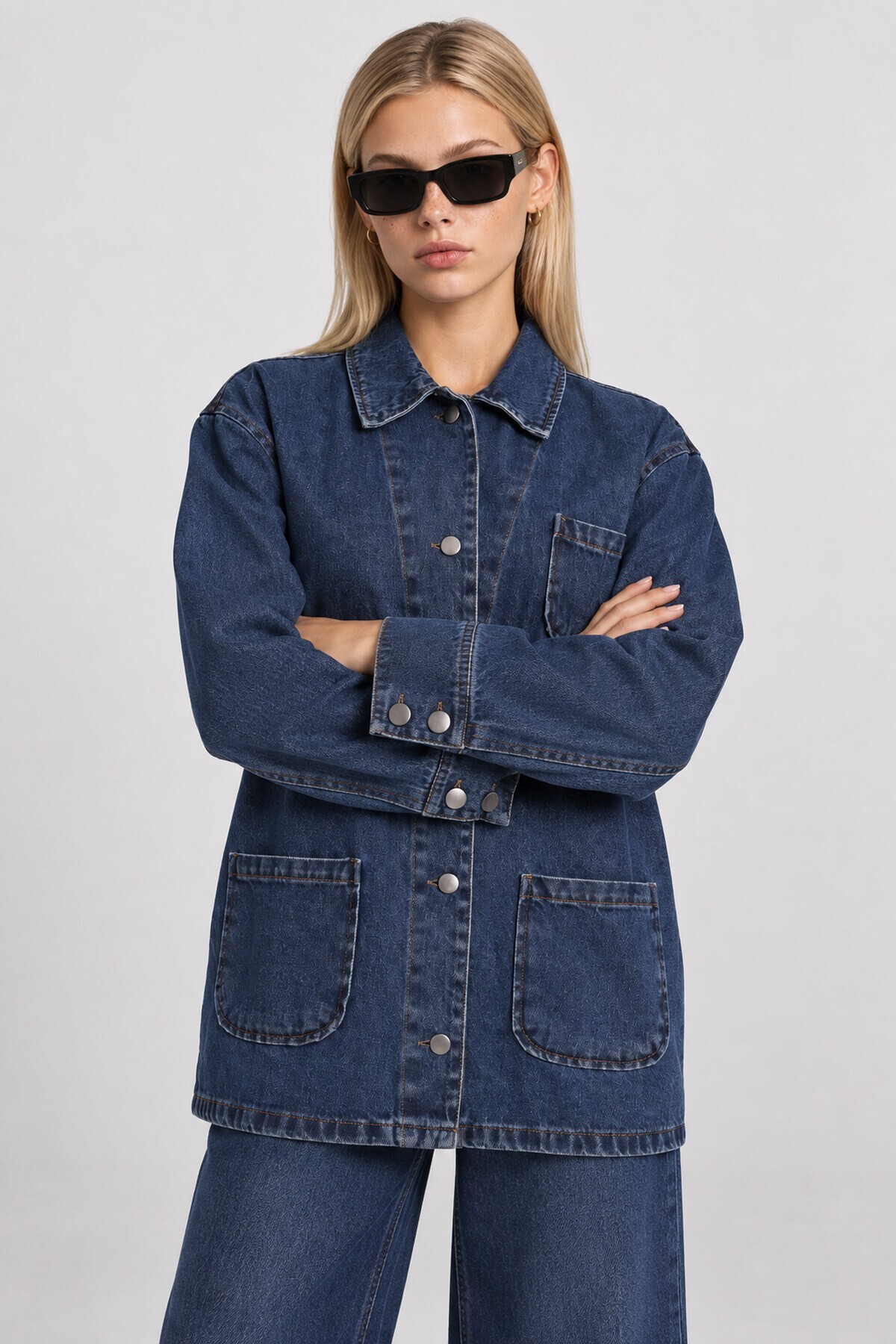 Cep Detaylı Oversize Denim Ceket KOYU MAVİ LBY0086
