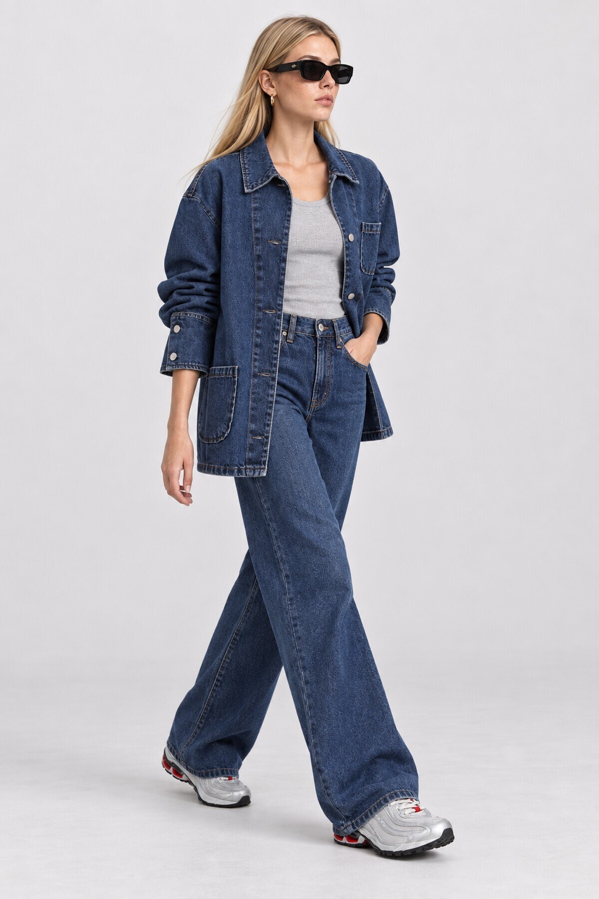 Cep Detaylı Oversize Denim Ceket KOYU MAVİ LBY0086
