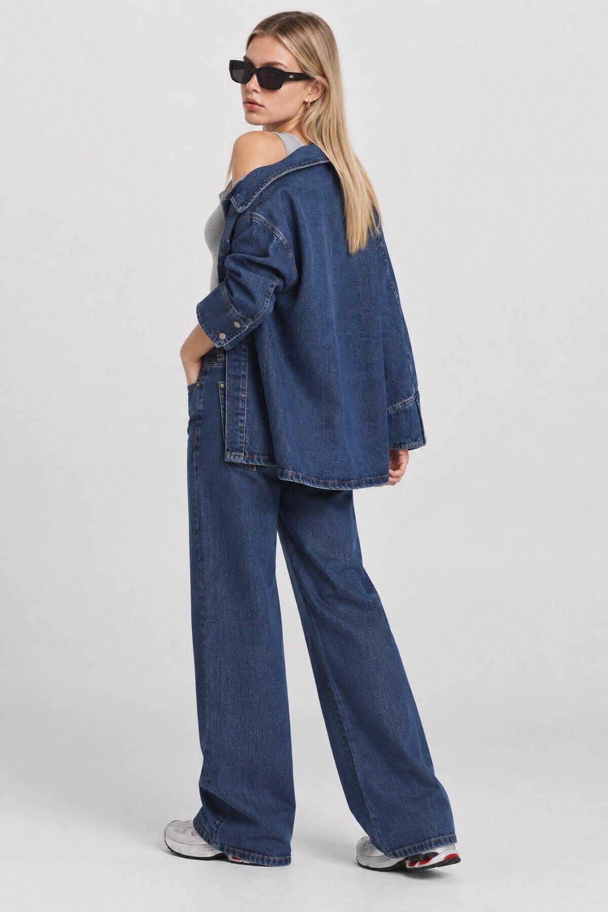 Cep Detaylı Oversize Denim Ceket KOYU MAVİ LBY0086