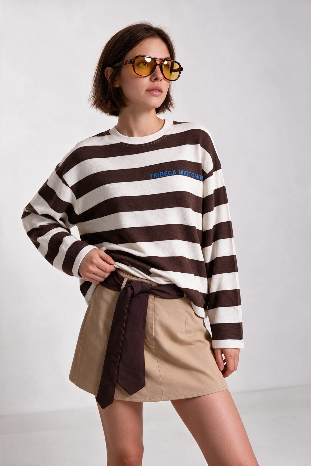 Çizgili Baskılı Oversize Örme Sweatshirt KAHVERENGİ EKRU LUB0398