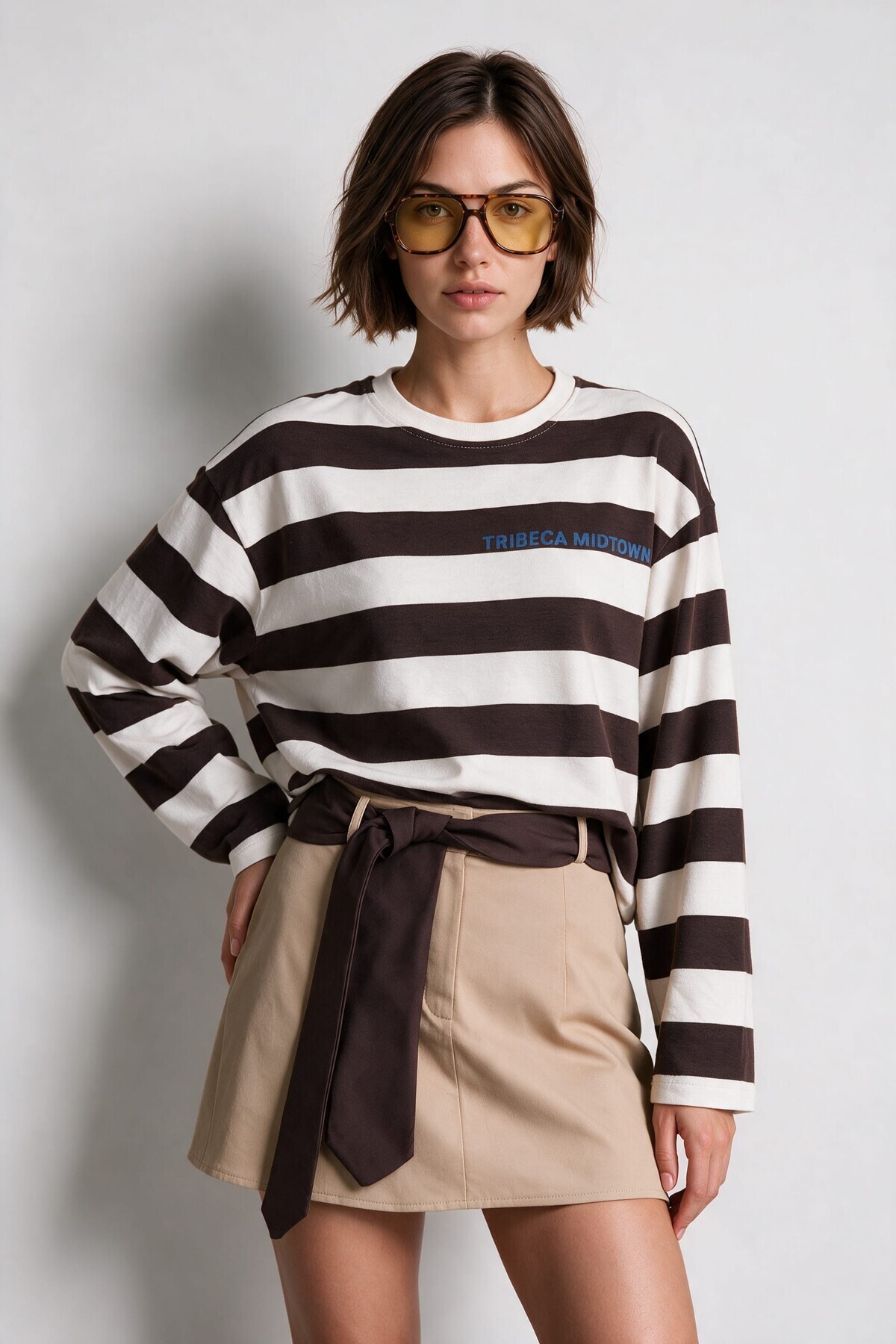 Çizgili Baskılı Oversize Örme Sweatshirt KAHVERENGİ EKRU LUB0398