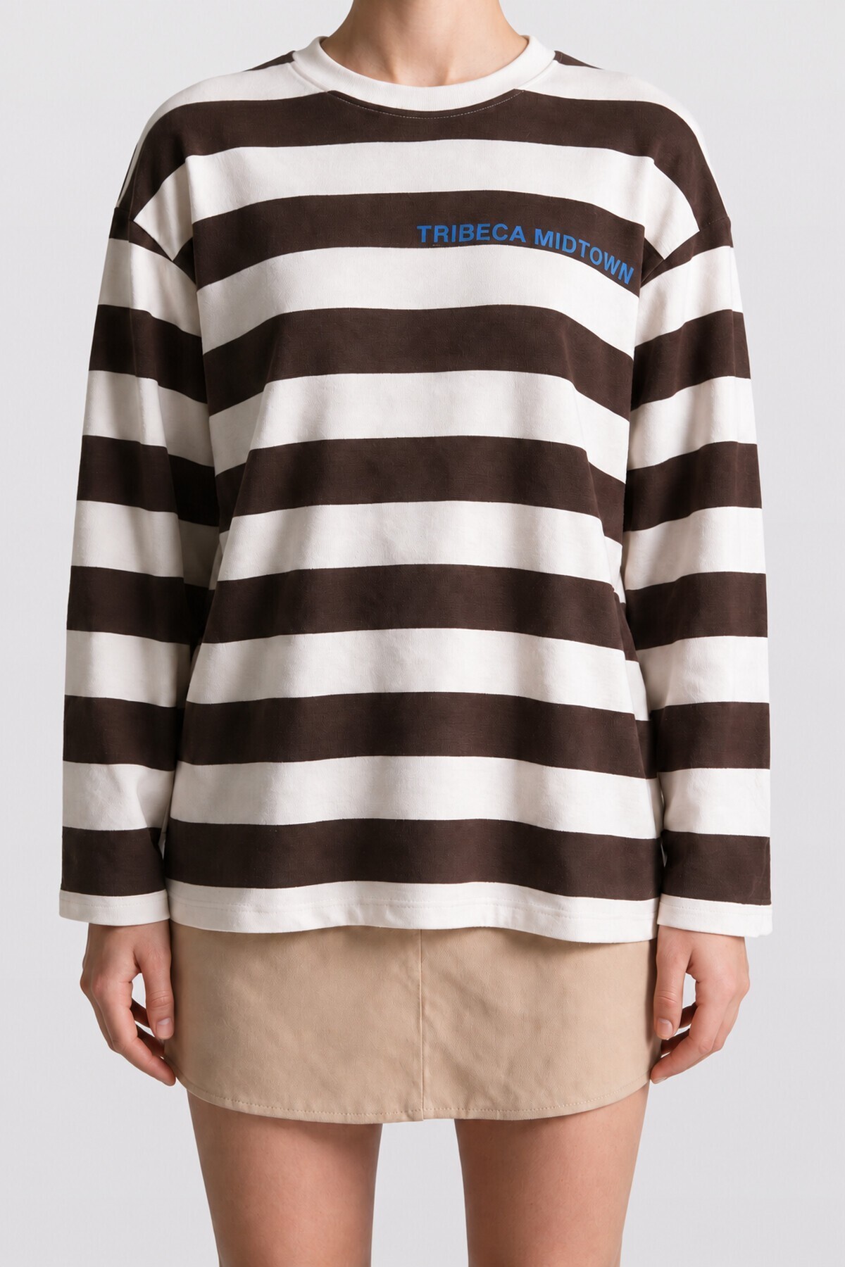 Çizgili Baskılı Oversize Örme Sweatshirt KAHVERENGİ EKRU LUB0398