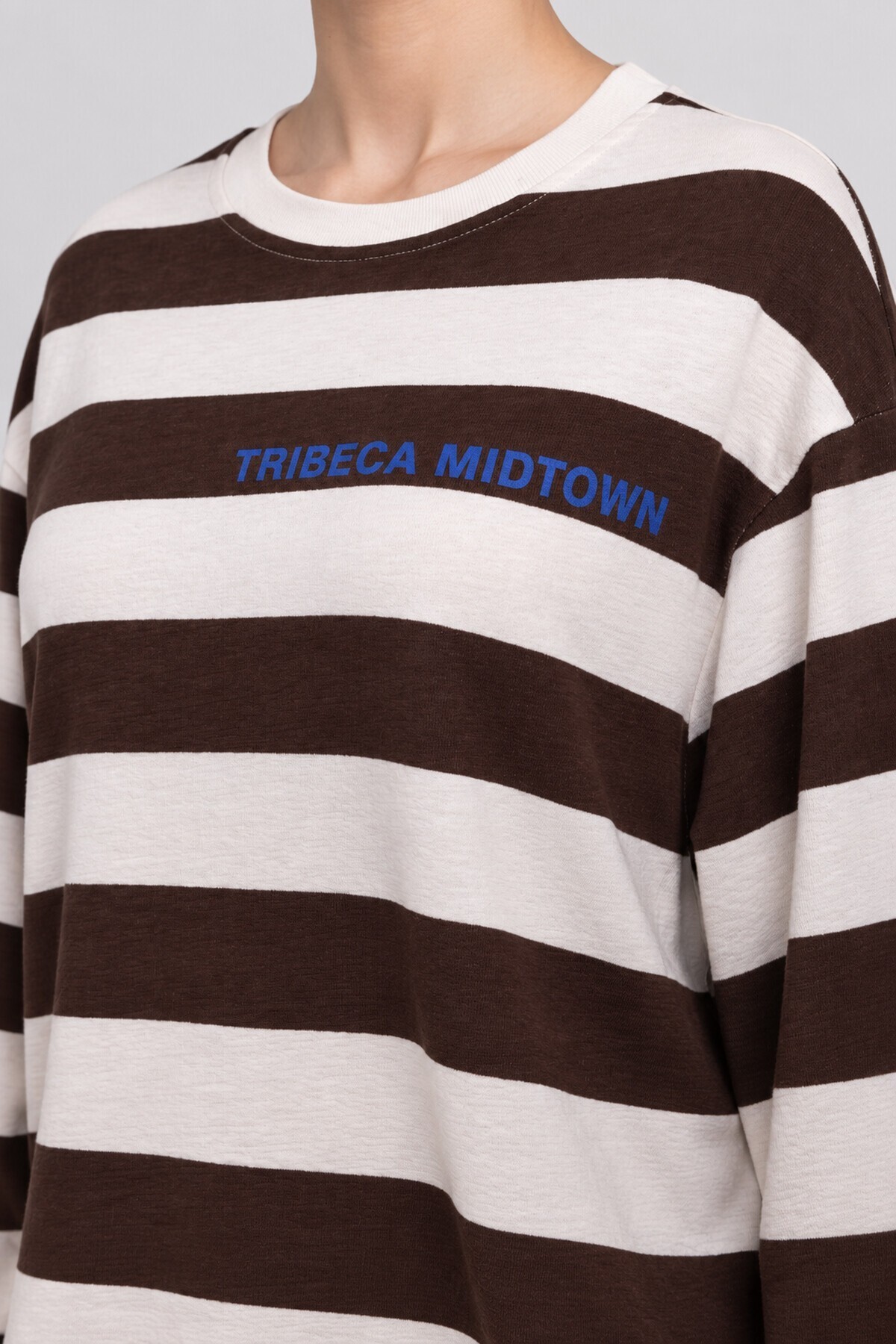 Çizgili Baskılı Oversize Örme Sweatshirt KAHVERENGİ EKRU LUB0398