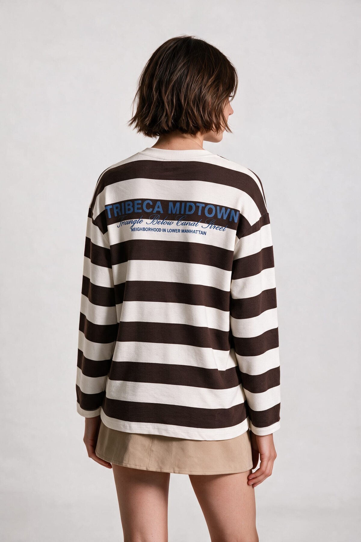 Çizgili Baskılı Oversize Örme Sweatshirt KAHVERENGİ EKRU LUB0398