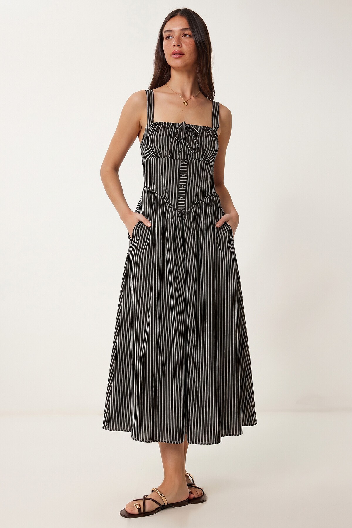 Çizgili Korse Görünümlü Poplin Midi Elbise SİYAH LUB0374