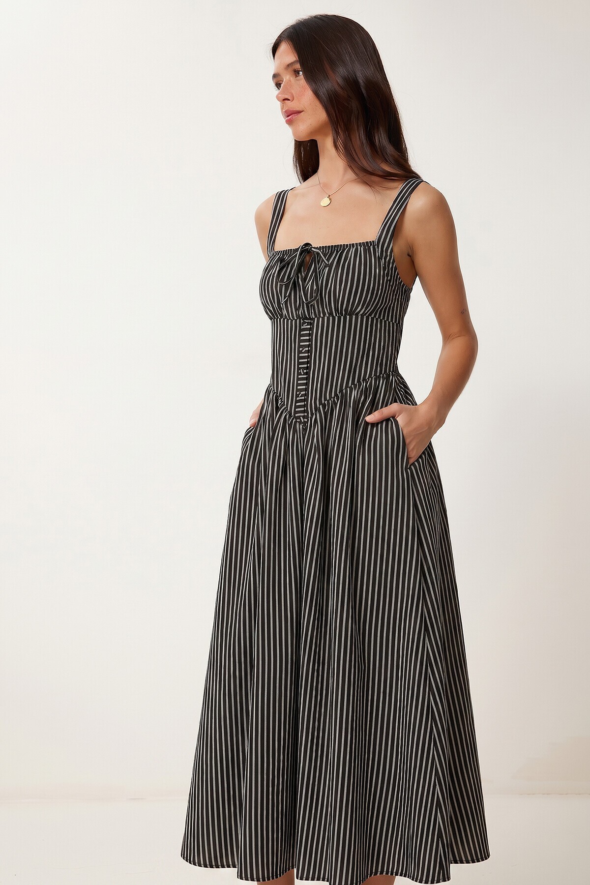 Çizgili Korse Görünümlü Poplin Midi Elbise SİYAH LUB0374