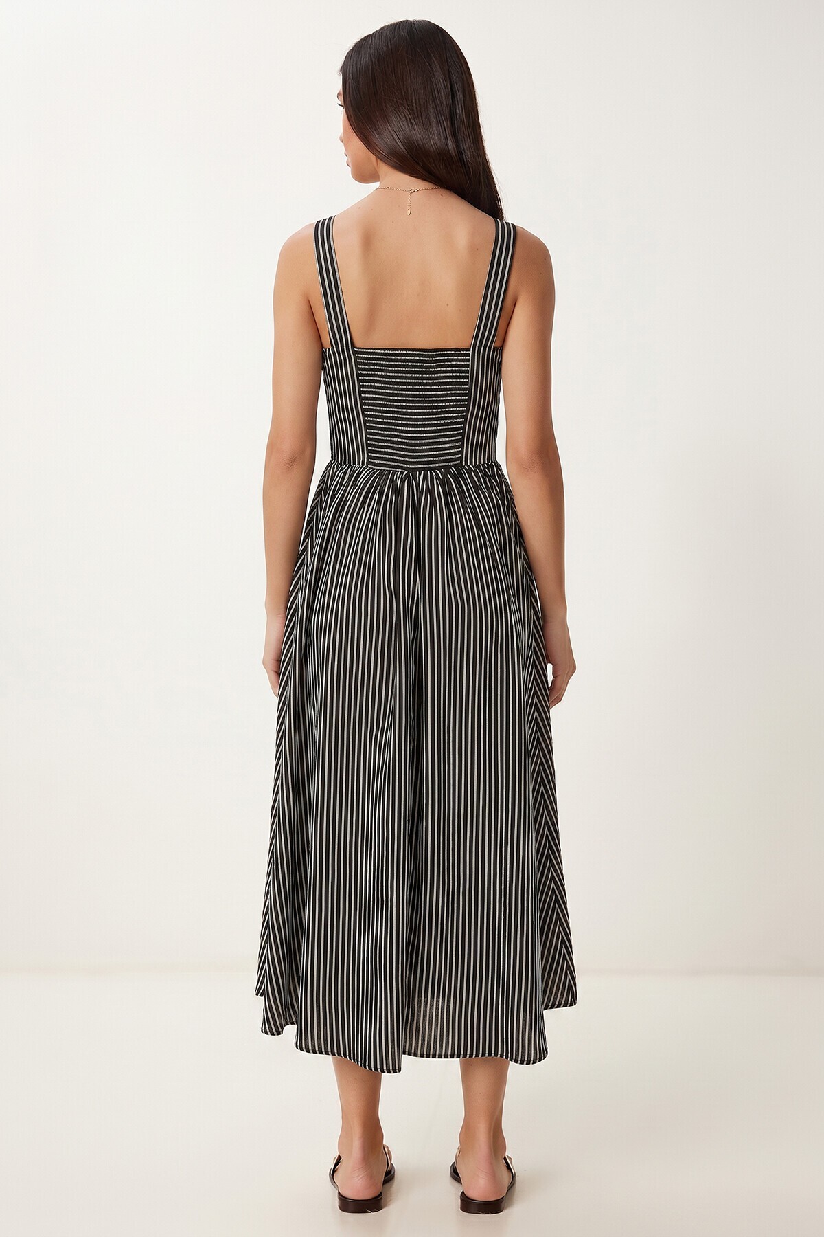 Çizgili Korse Görünümlü Poplin Midi Elbise SİYAH LUB0374