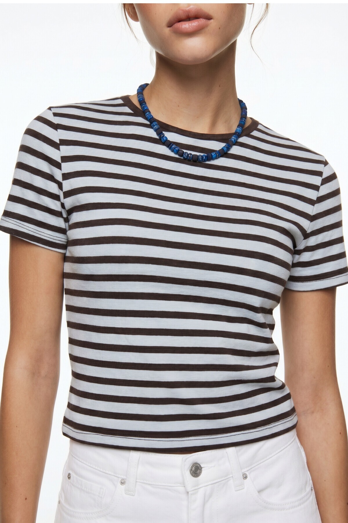 Çizgili Pamuklu Örme T-shirt GÖK MAVİ KAHVERENGİ LUB0386