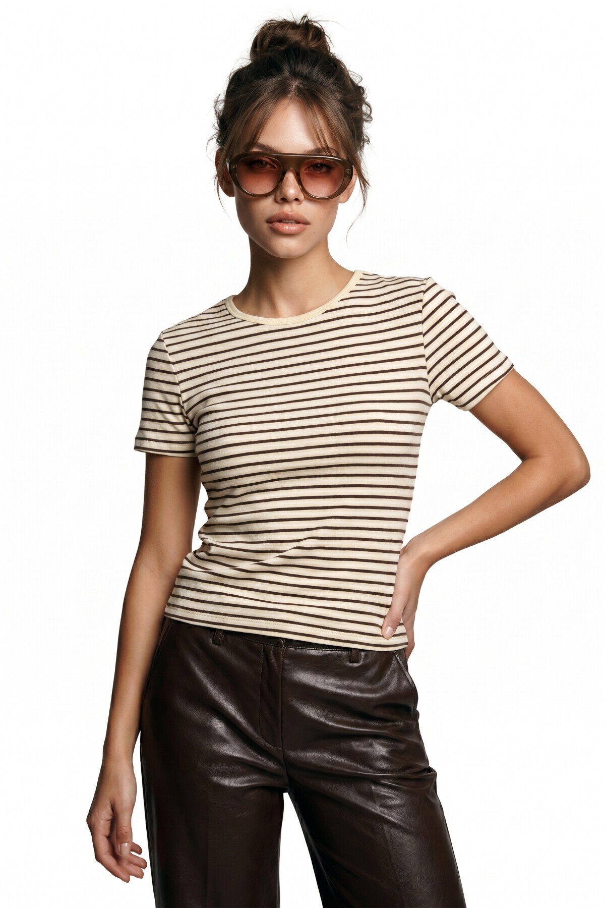 Çizgili Pamuklu Örme T-shirt SARI KAHVERENGİ LUB0386