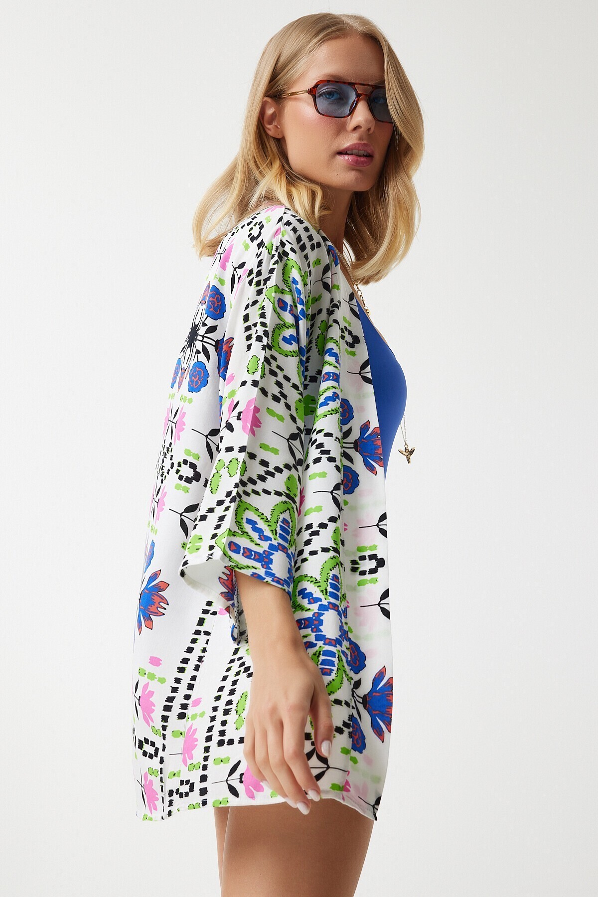 Desenli Viskon Kimono YEŞİL MAVİ LEN0004