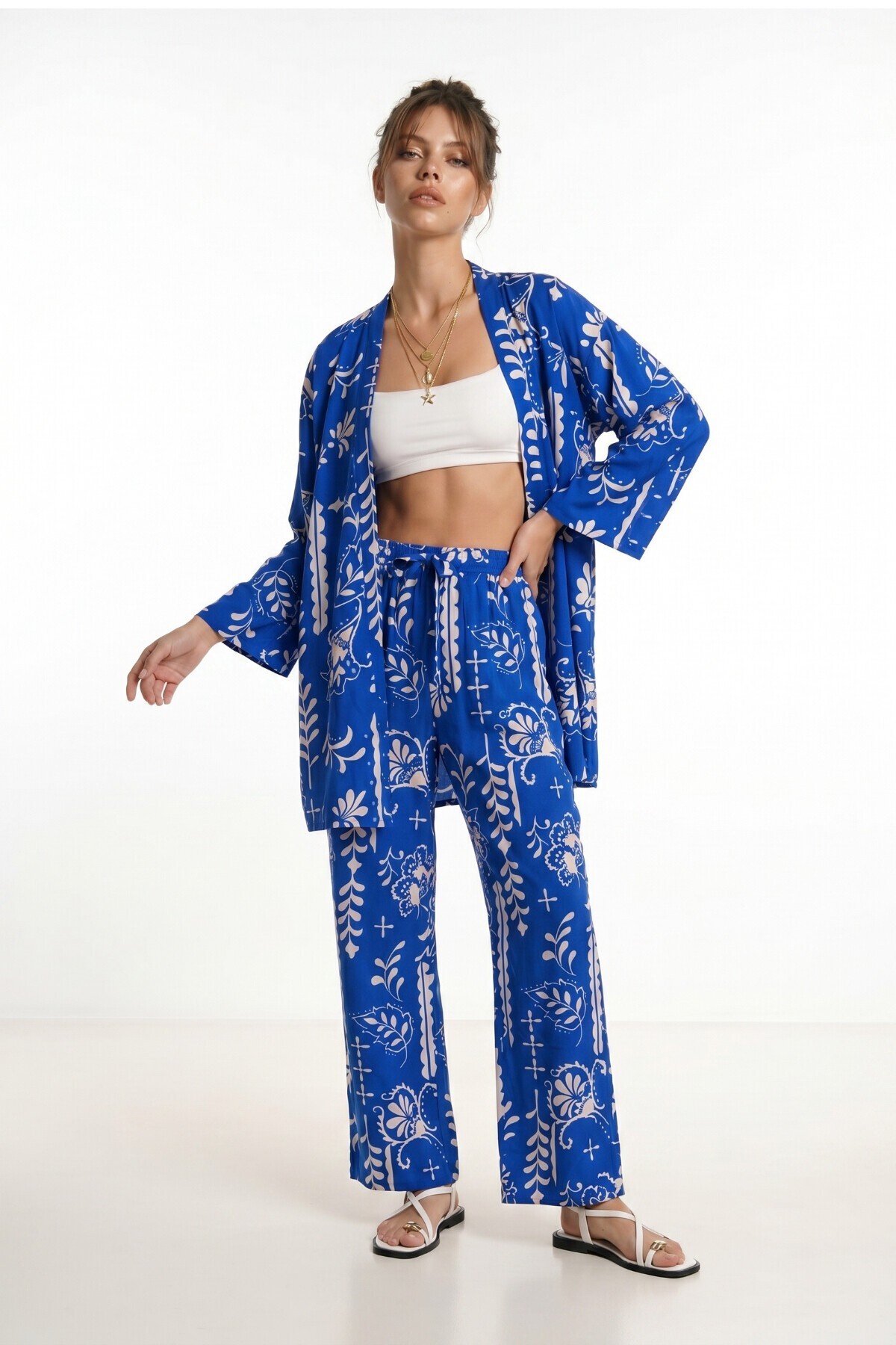 Desenli Yazlık Viskon Kimono Pantolon Takım KOYU MAVİ EKRU LRN0013