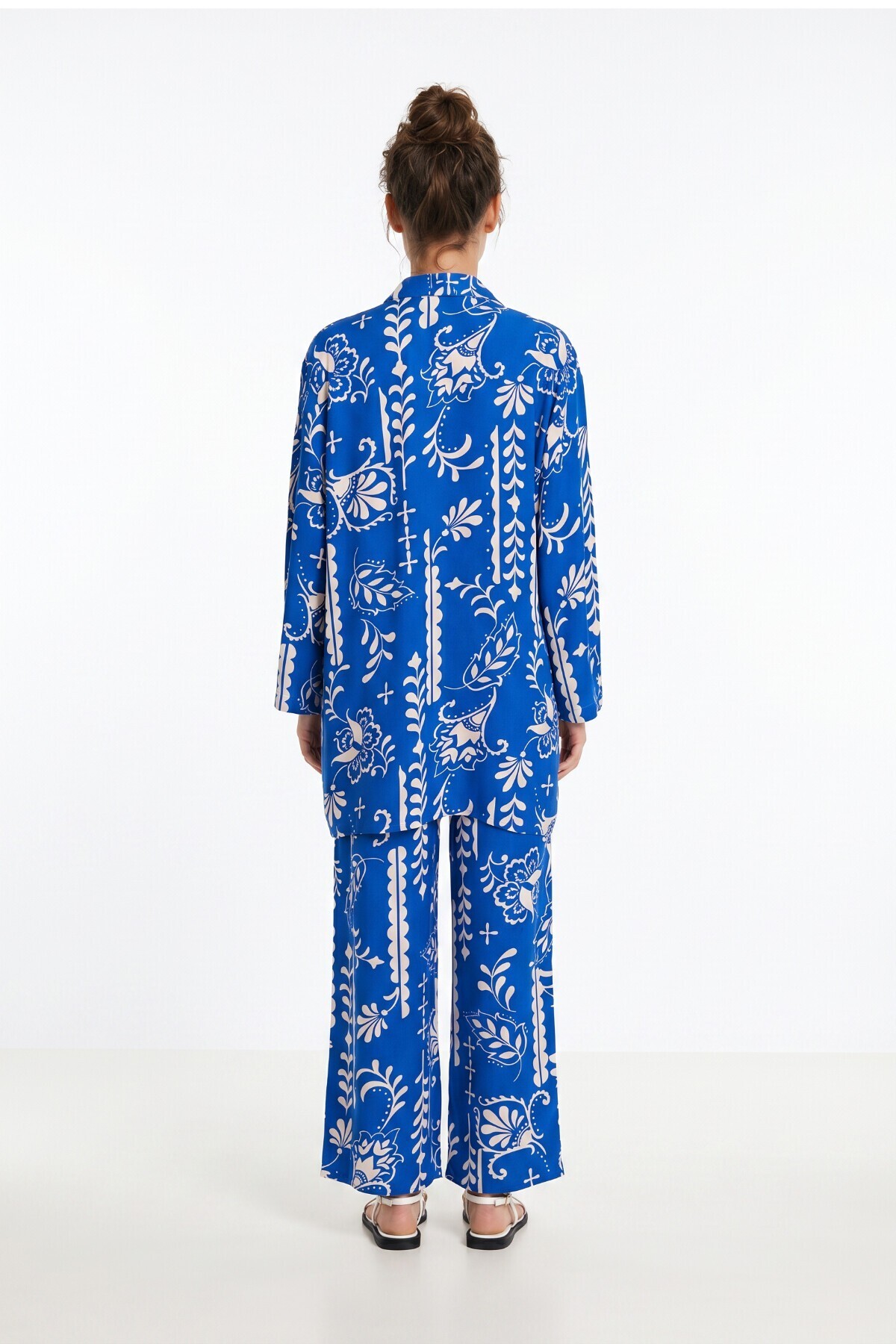 Desenli Yazlık Viskon Kimono Pantolon Takım KOYU MAVİ EKRU LRN0013