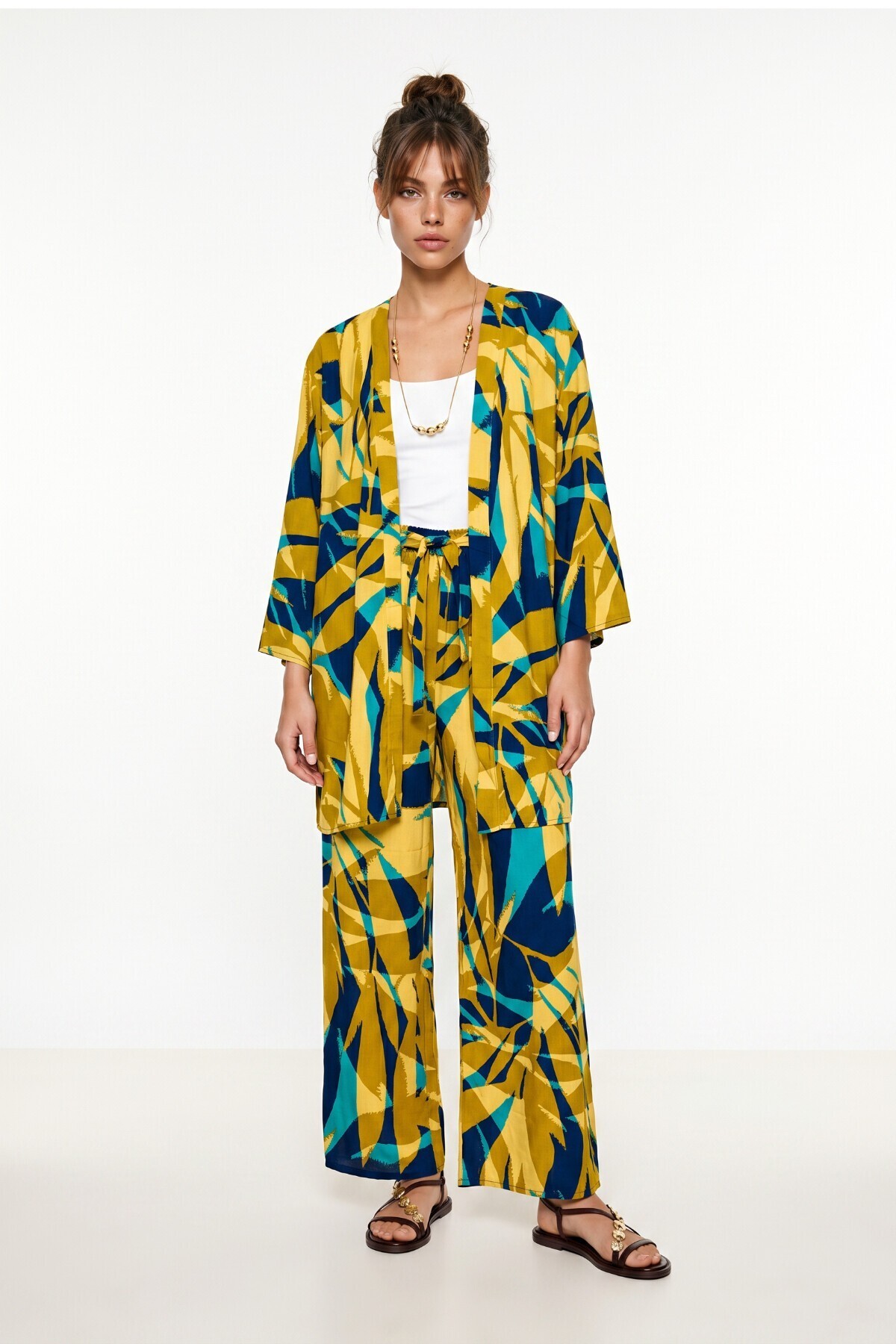 Desenli Yazlık Viskon Kimono Pantolon Takım ZEYTİN YEŞİLİ LACİVERT LRN0013