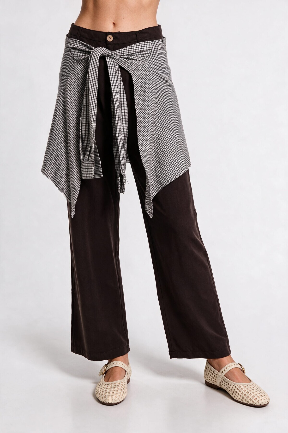 Gömlek Bağlama Detaylı Tencel Pantolon KAHVERENGİ LBY0074