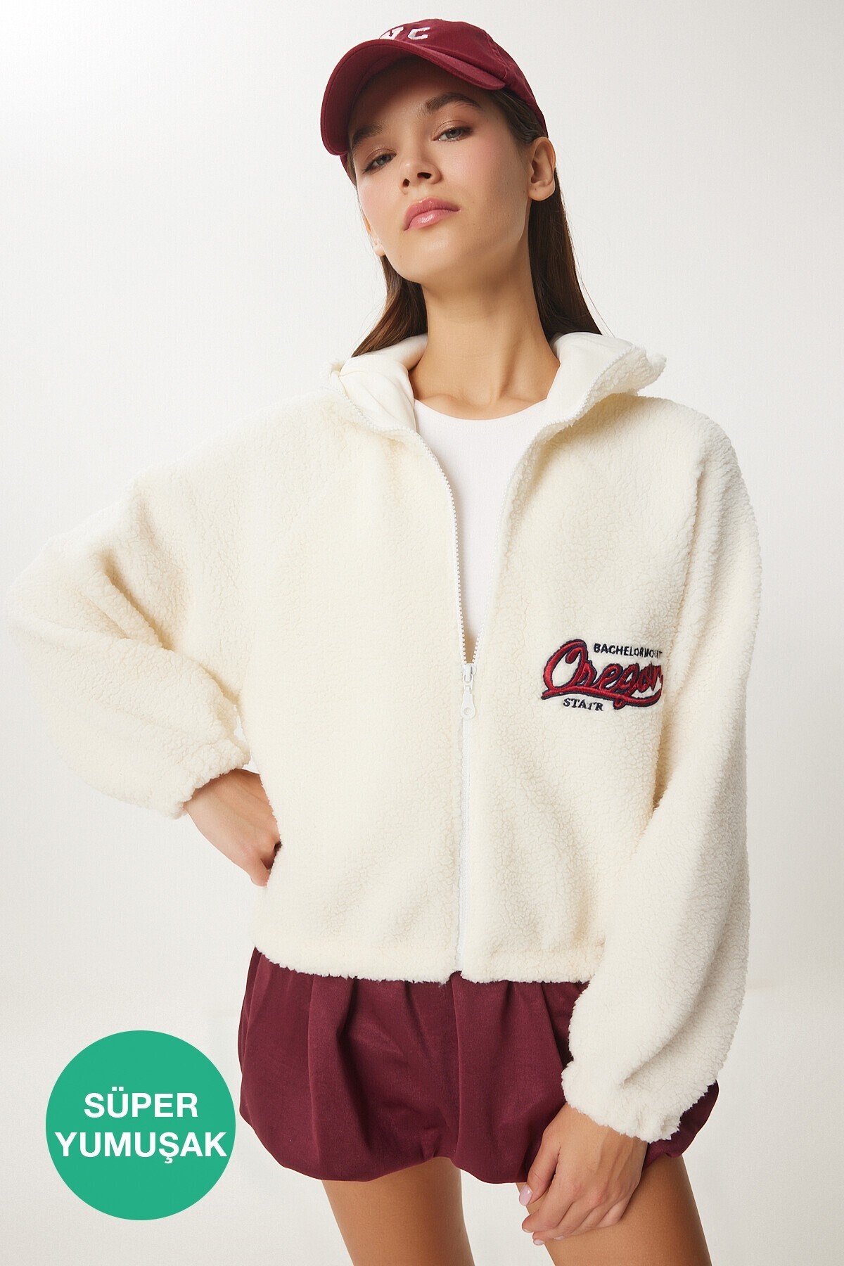 Kapüşonlu Sloganlı Peluş Sweatshirt KEMİK LAN0021