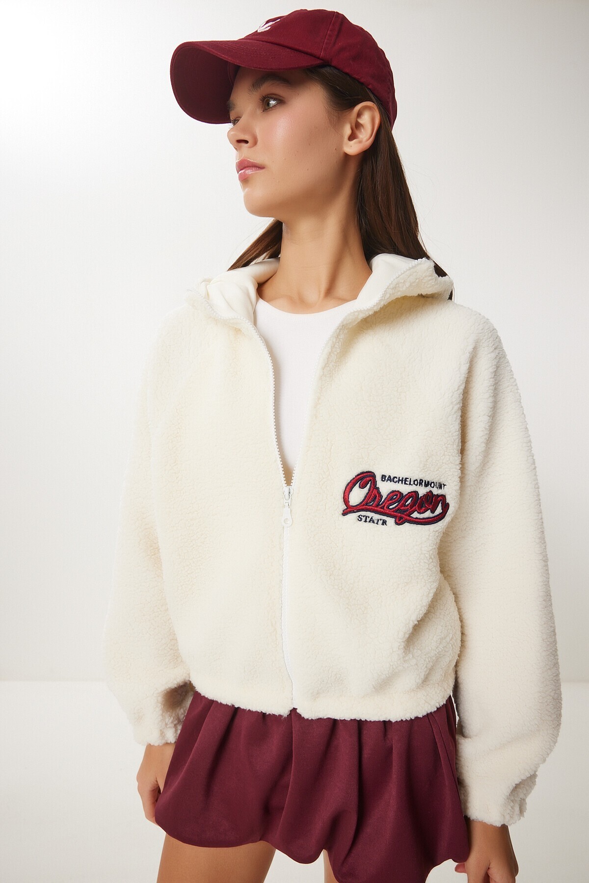 Kapüşonlu Sloganlı Peluş Sweatshirt KEMİK LAN0021