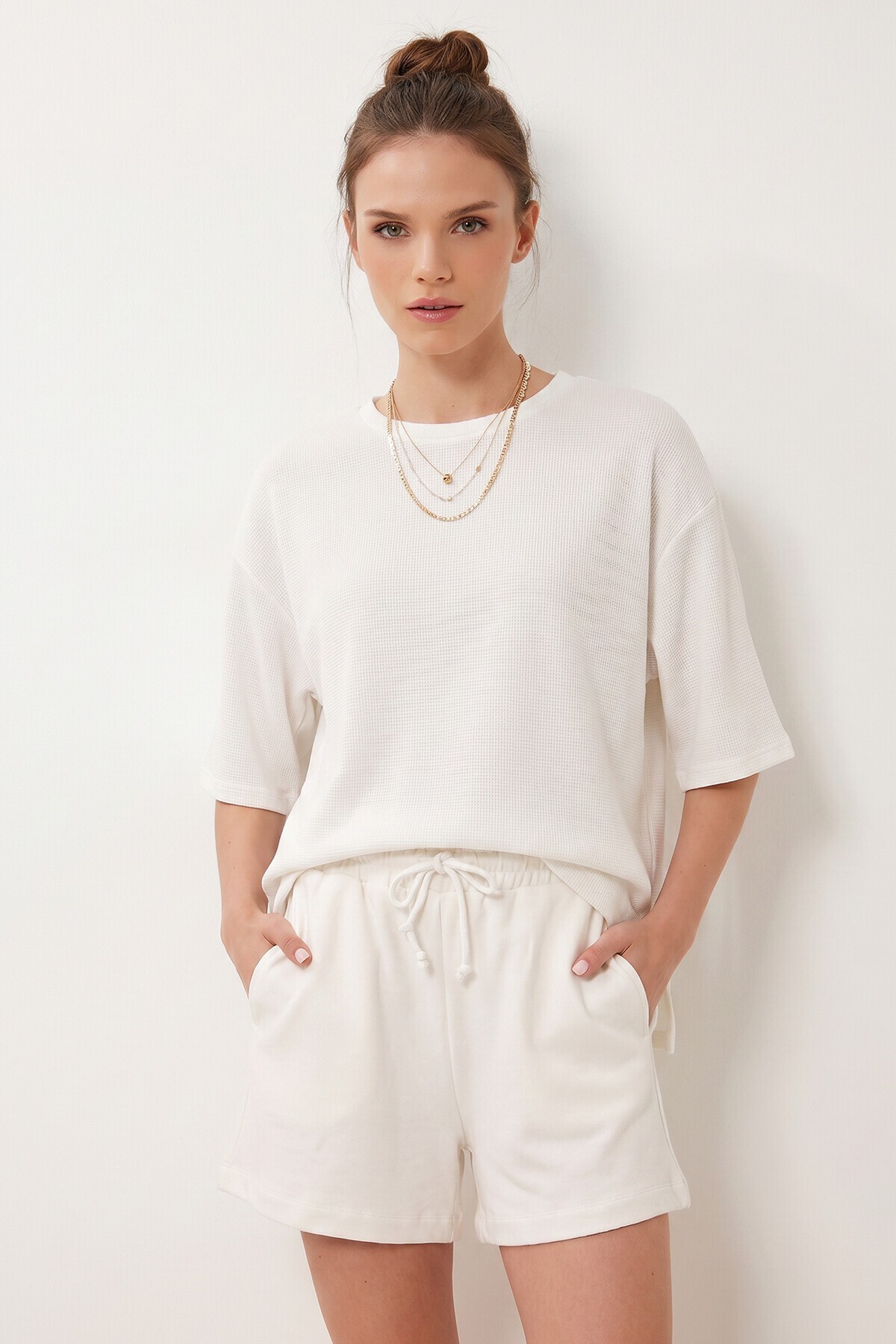 Modal Oversize T-shirt Şort Takım EKRU LUB0379