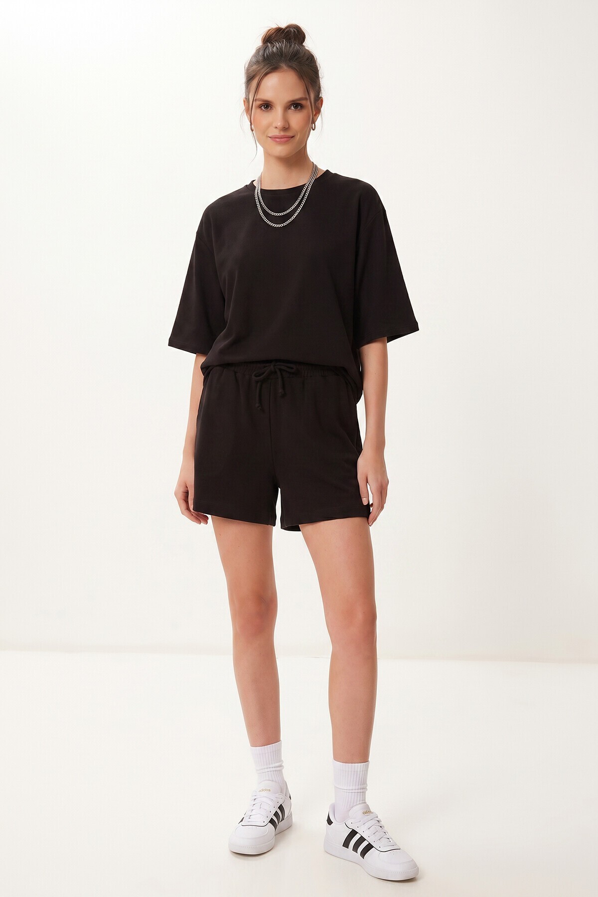 Modal Oversize T-shirt Şort Takım SİYAH LUB0379