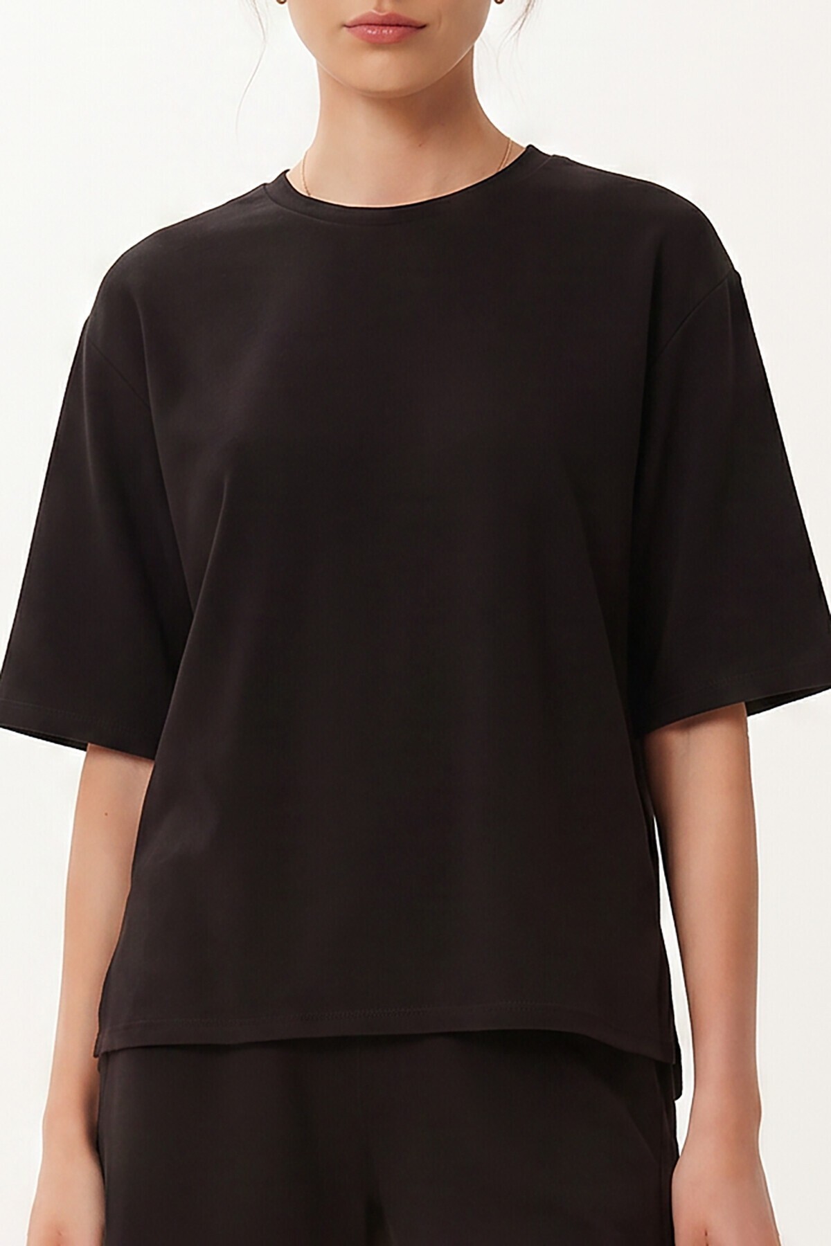 Modal Oversize T-shirt Şort Takım SİYAH LUB0379