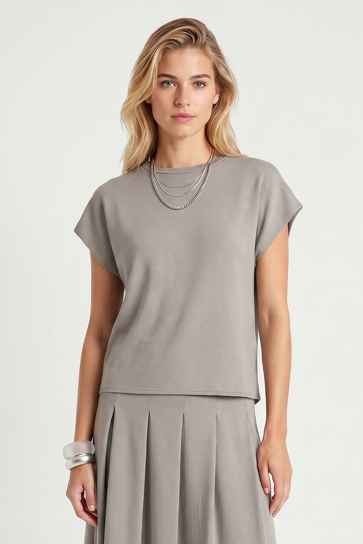 Modal Vatkalı T-shirt Etek Takım GRİ LNT0041