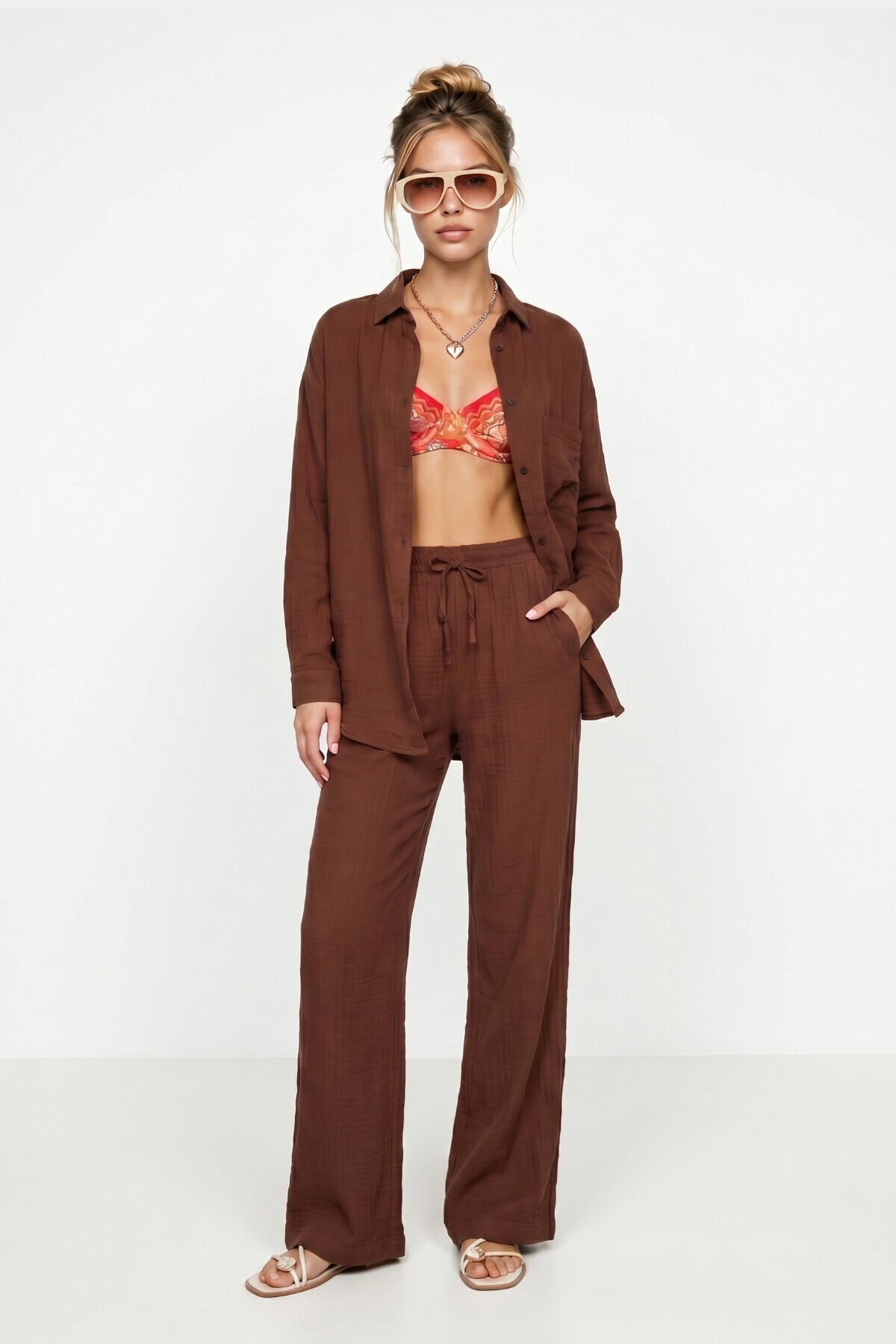 Oversize Müslin Gömlek Pantolon Takım KOYU KİREMİT LSA0014