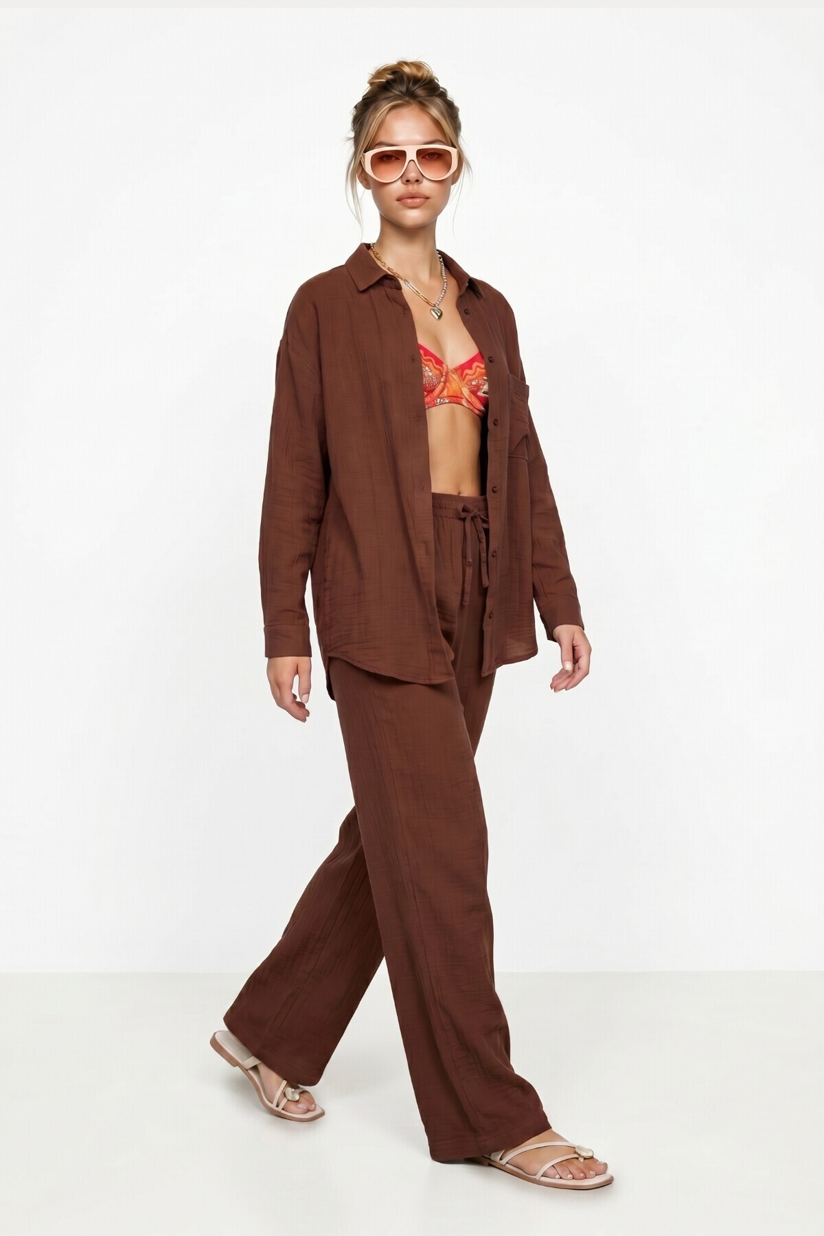 Oversize Müslin Gömlek Pantolon Takım KOYU KİREMİT LSA0014
