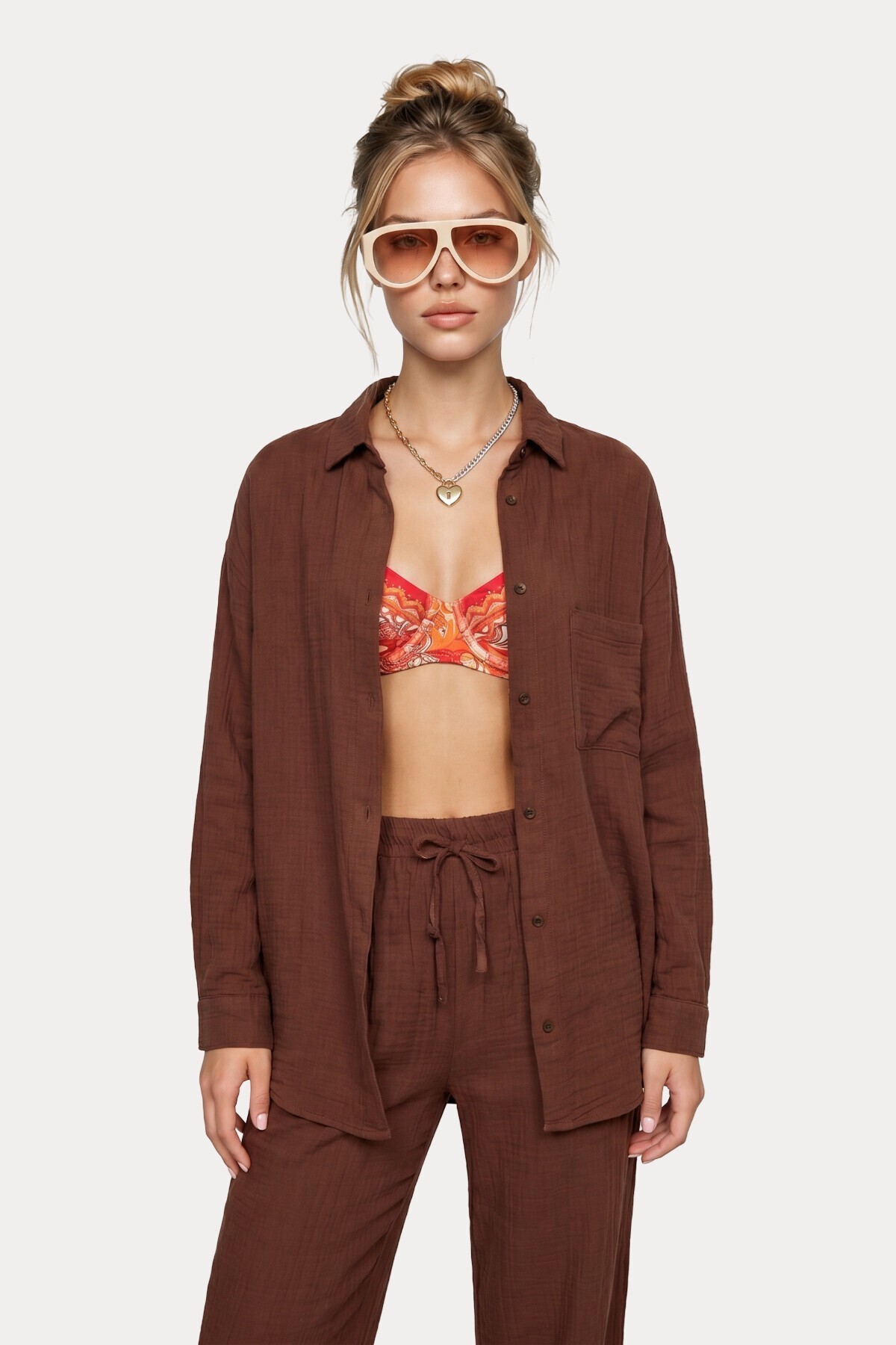 Oversize Müslin Gömlek Pantolon Takım KOYU KİREMİT LSA0014