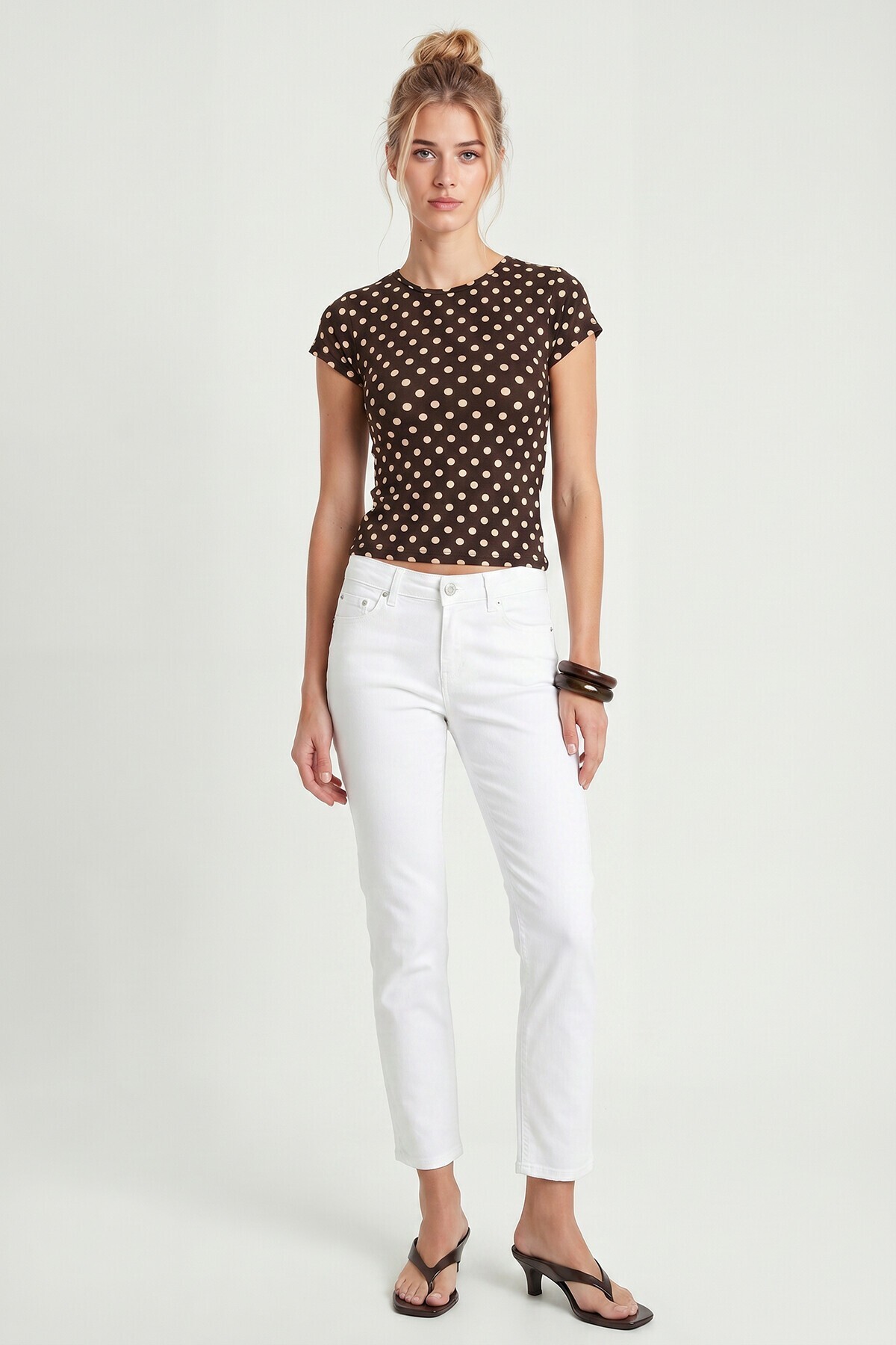 Puantiye Desenli Polyamid T-shirt KAHVERENGİ LZV0083