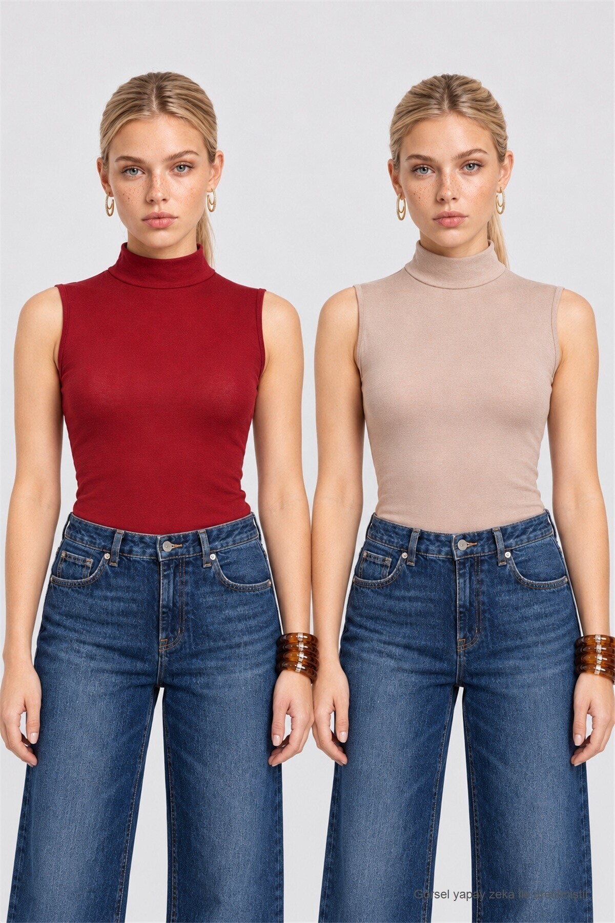 2li Paket Balıkçı Yaka Viskon Bluz BORDO VİZON LRN0019
